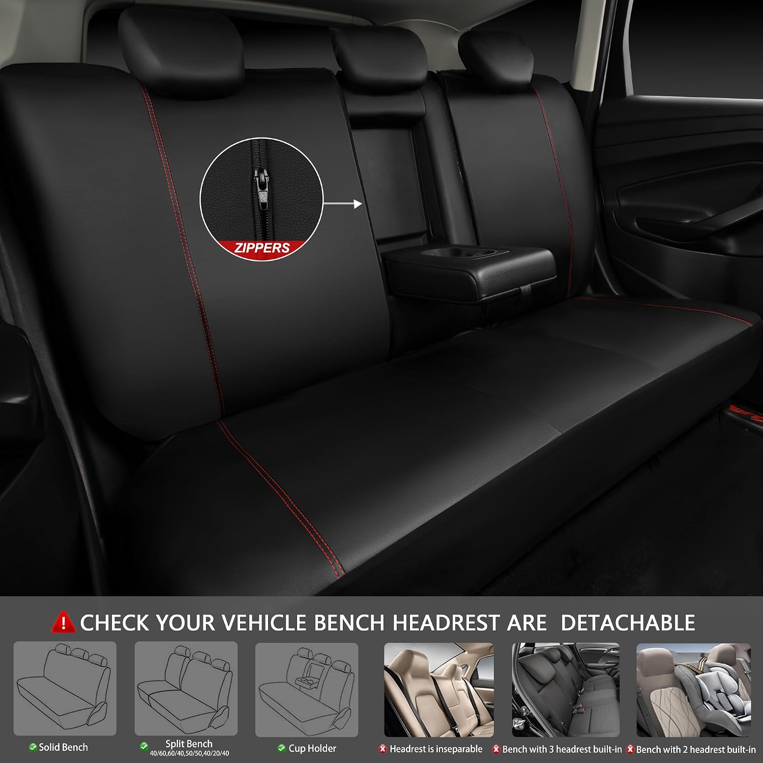 Detalle de CAR PASS Full Leather Seat Cover Set with Steering Wheel Cover and 2 Seat Belt Pads for Trucks and SUVs, Combo Black/Red