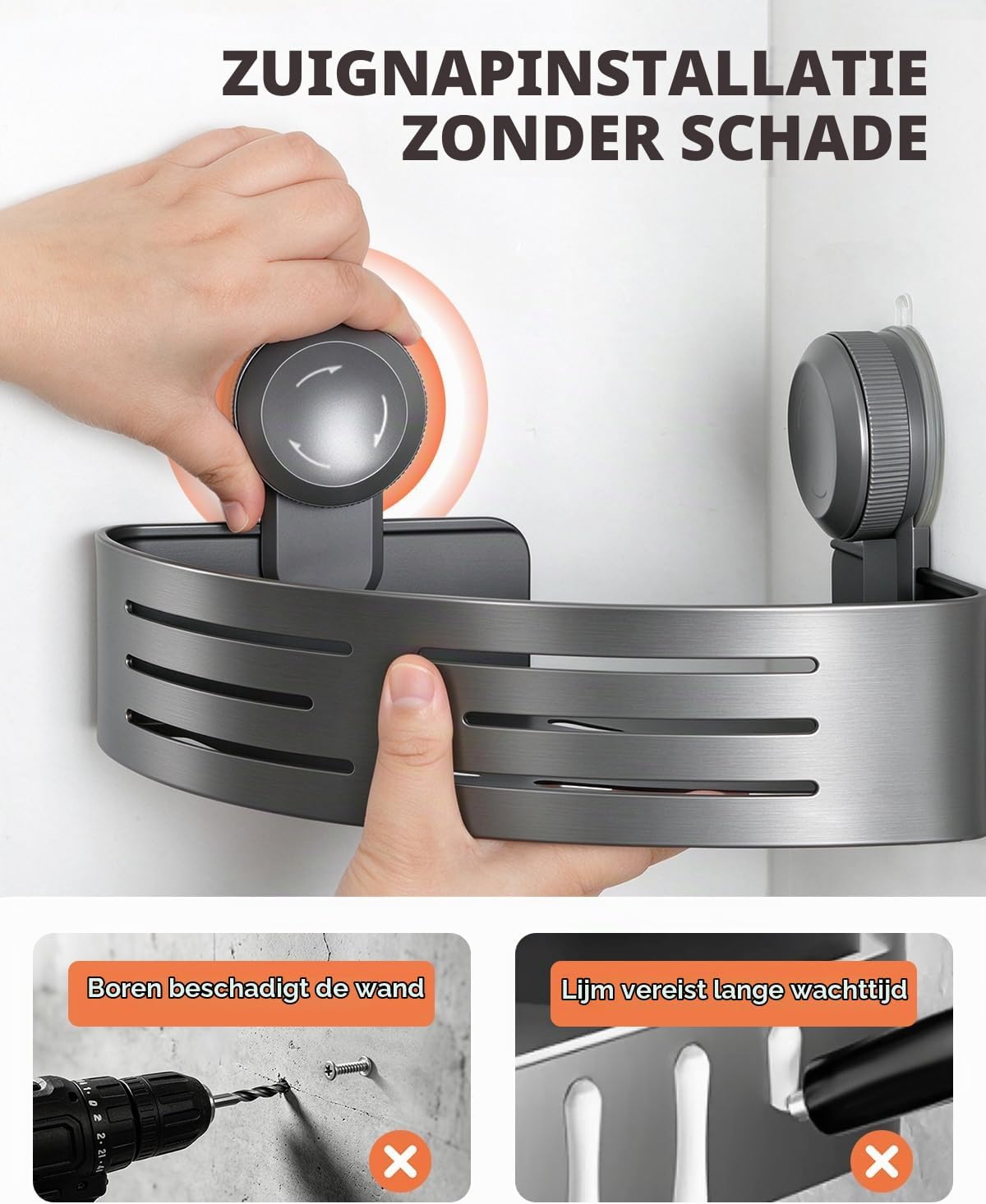 Detalle de Lekesky JJ26002GY02M hoekdoucheplank met handdoekhouder en draaibare zuignappen