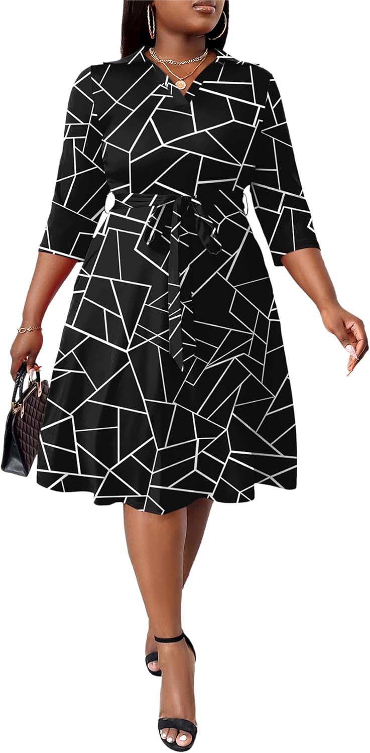 Thumbnail 1 de FANDEE Plus Size Midi Dress with African Print – 3/4 Sleeves, V-Neck, Pockets, Belt (L-5XL)