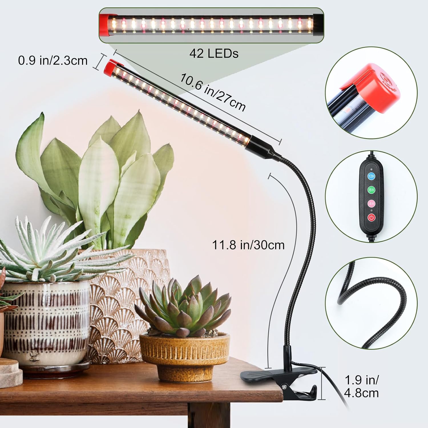 Detalle de FECiDA ZH-RH Clip-On Grow Lights, 2-Pack, Full Spectrum, 5-Mode Timer