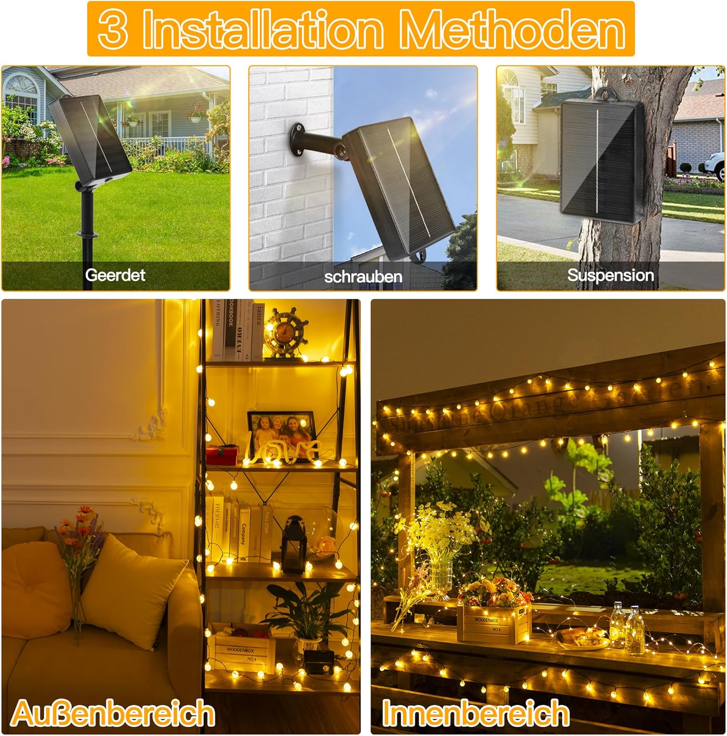 Thumbnail 6 de Ollny Solar Lichterkette Außen 5 m mit 30 warmweißen LED, IP65, 8 Modi (Solar, wetterfest)