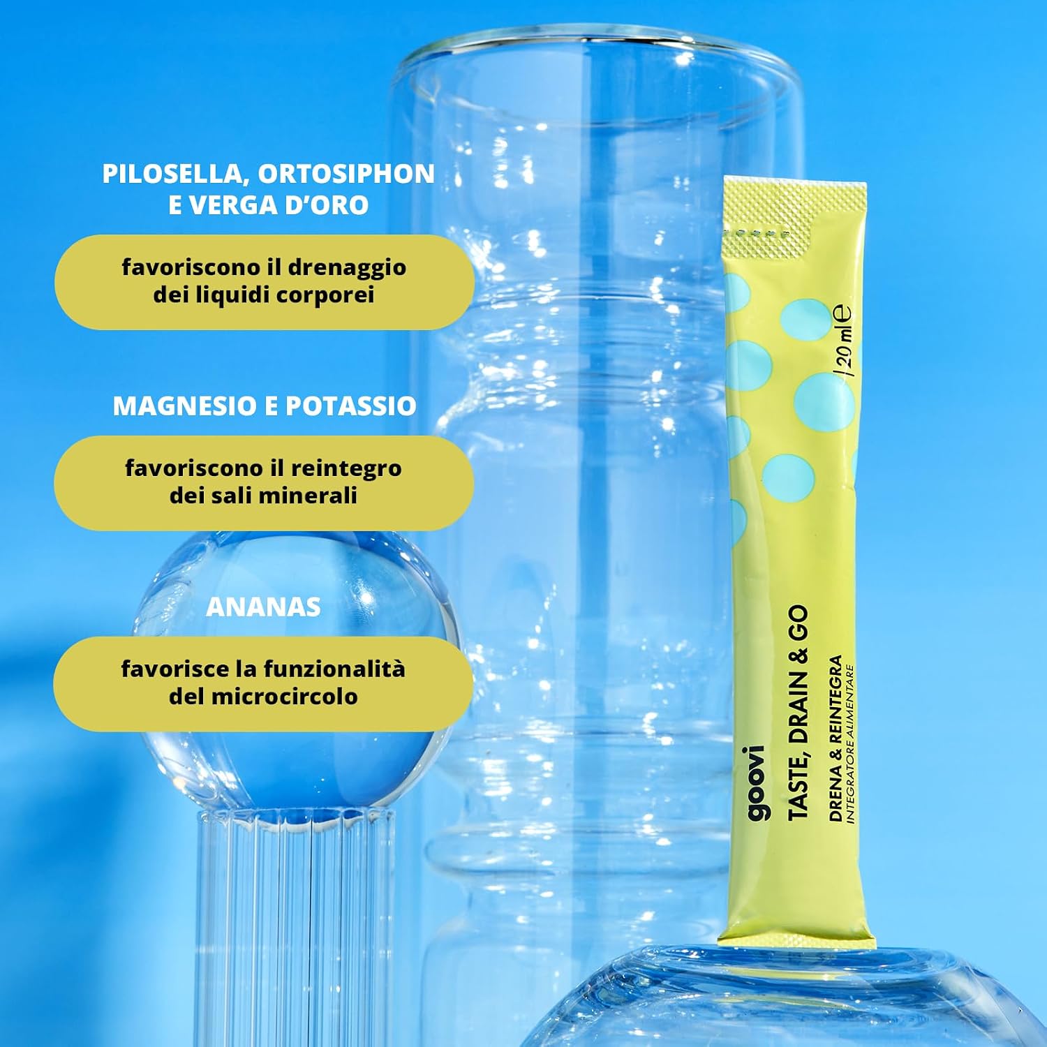 Detalle de Goovi Taste Drain & Go — Integratore drenante con magnesio e potassio, 24 stick all’aroma zenzero e lime