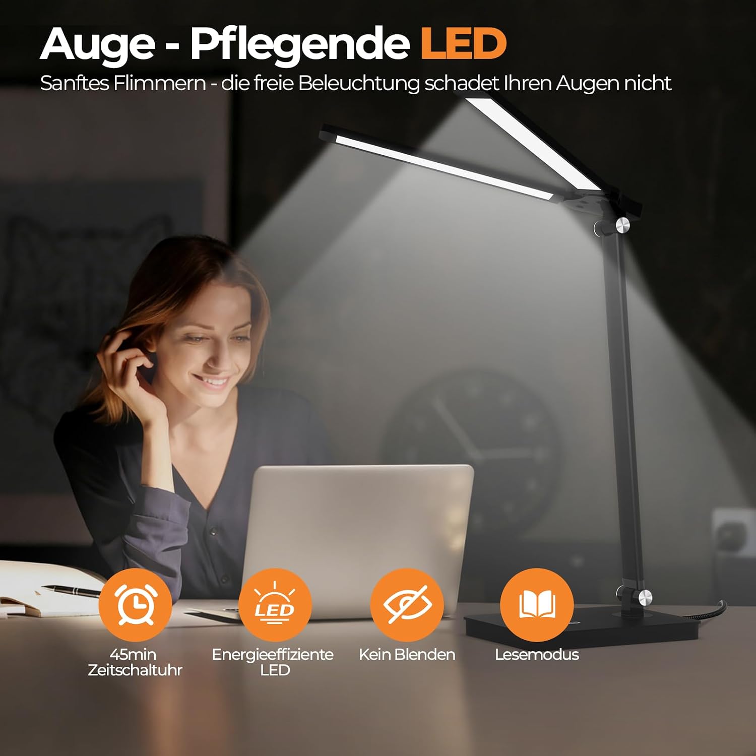 Detalle de JVURICE Schreibtischlampe LED 15W Dimmbare Tischlampe mit 180° Doppelkopf, Timer und USB-Ladefunktion