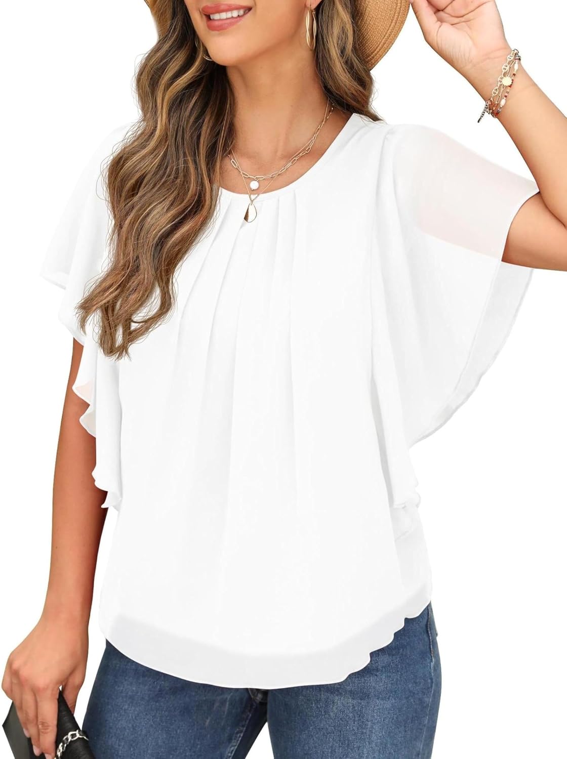 Detalle de QIXING Chiffon Kurzarmbluse Damen mit Fledermausärmel – Sommor Top im Rundhals-Design