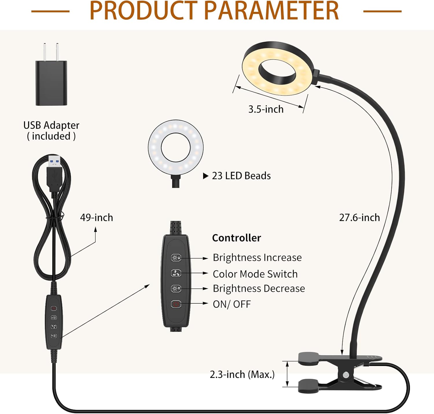 Detalle 2 de iZELL TBL237-BK Clamp Desk Lamp, 3 Color Modes, 10 Brightness Levels