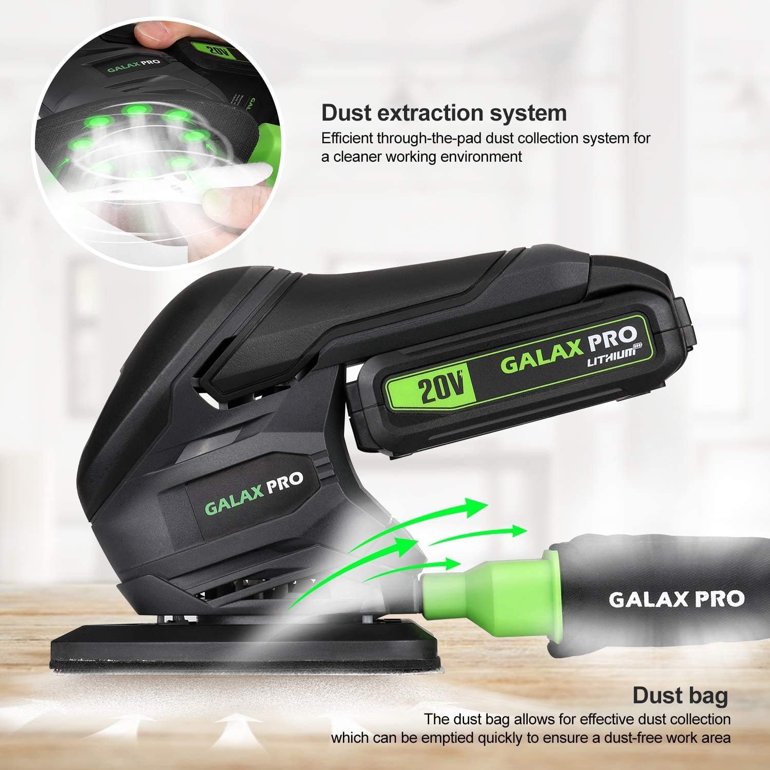 Detalle de GALAX PRO Cordless Sander 20V: Compact Detail Sander with Dust System and 20 Pcs Sandpapers