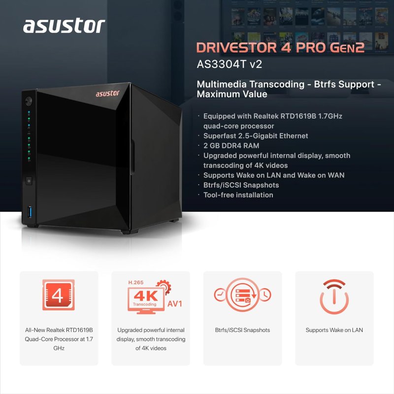 Detalle 2 de Asustor Drivestor 4 Pro Gen2 AS3304T V2 NAS 4 bahías 💽