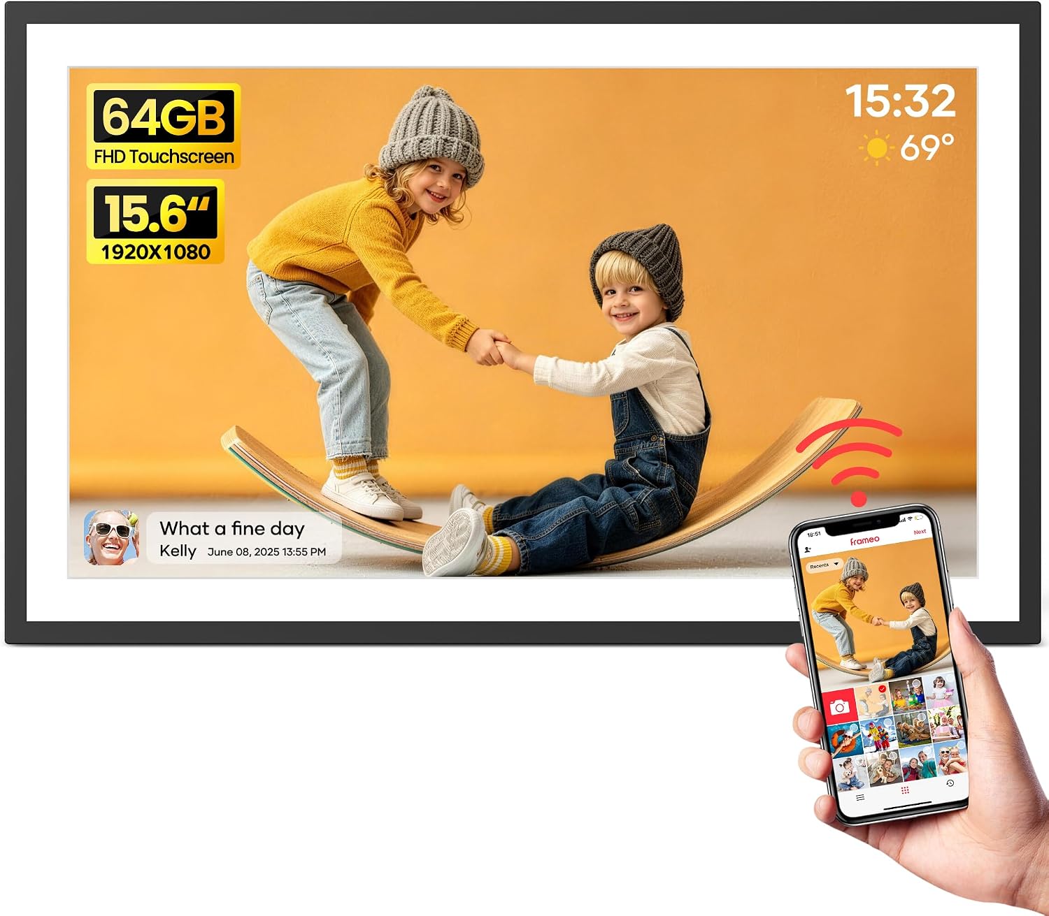 Detalle de BIGASUO 159K 15.6-Inch Digital Picture Frame, 64GB Wi-Fi, FHD Touchscreen