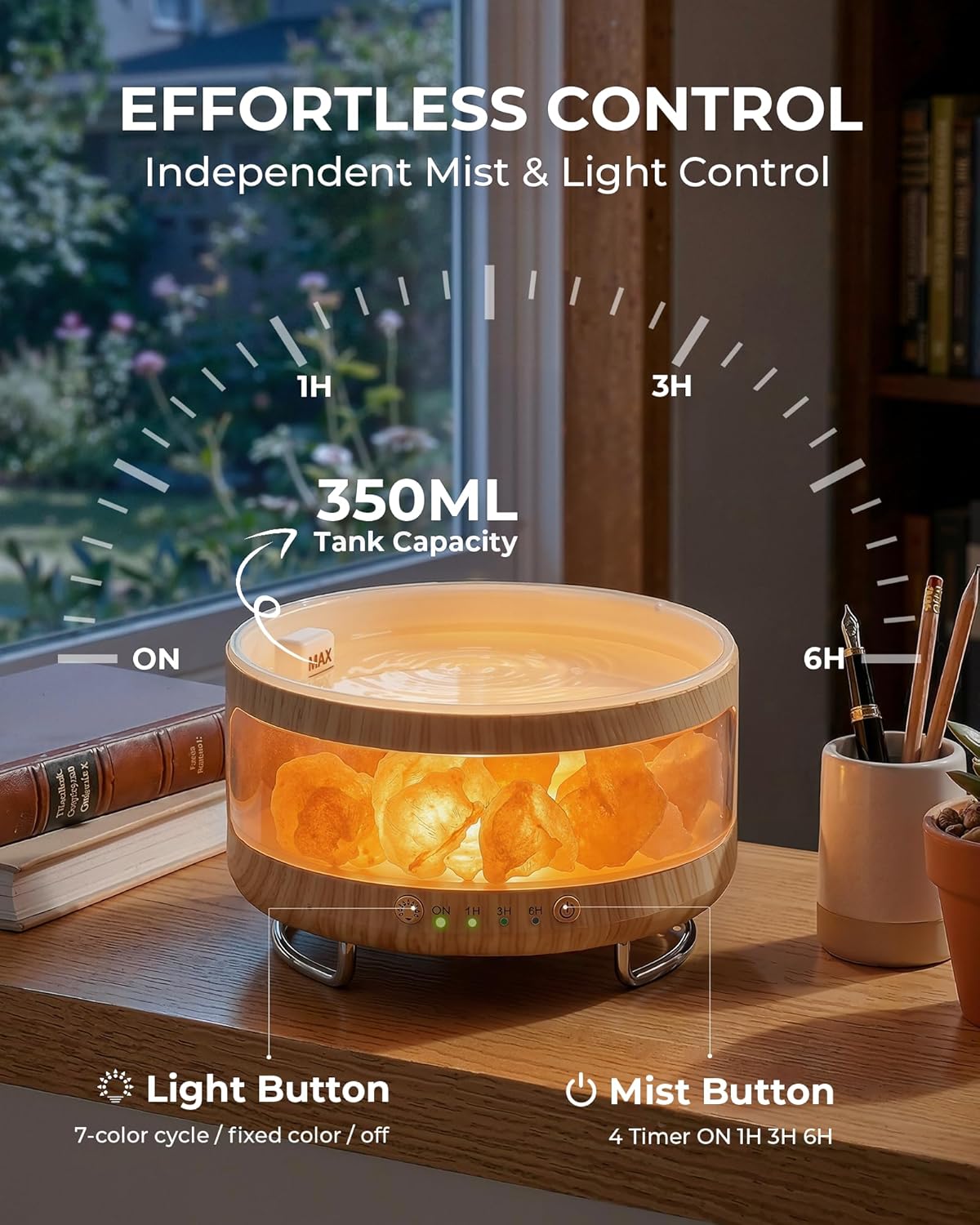 Detalle de BZGG 4-in-1 Ultrasonic Diffuser, Himalayan Salt Lamp, Humidifier & 7-Color Night Light