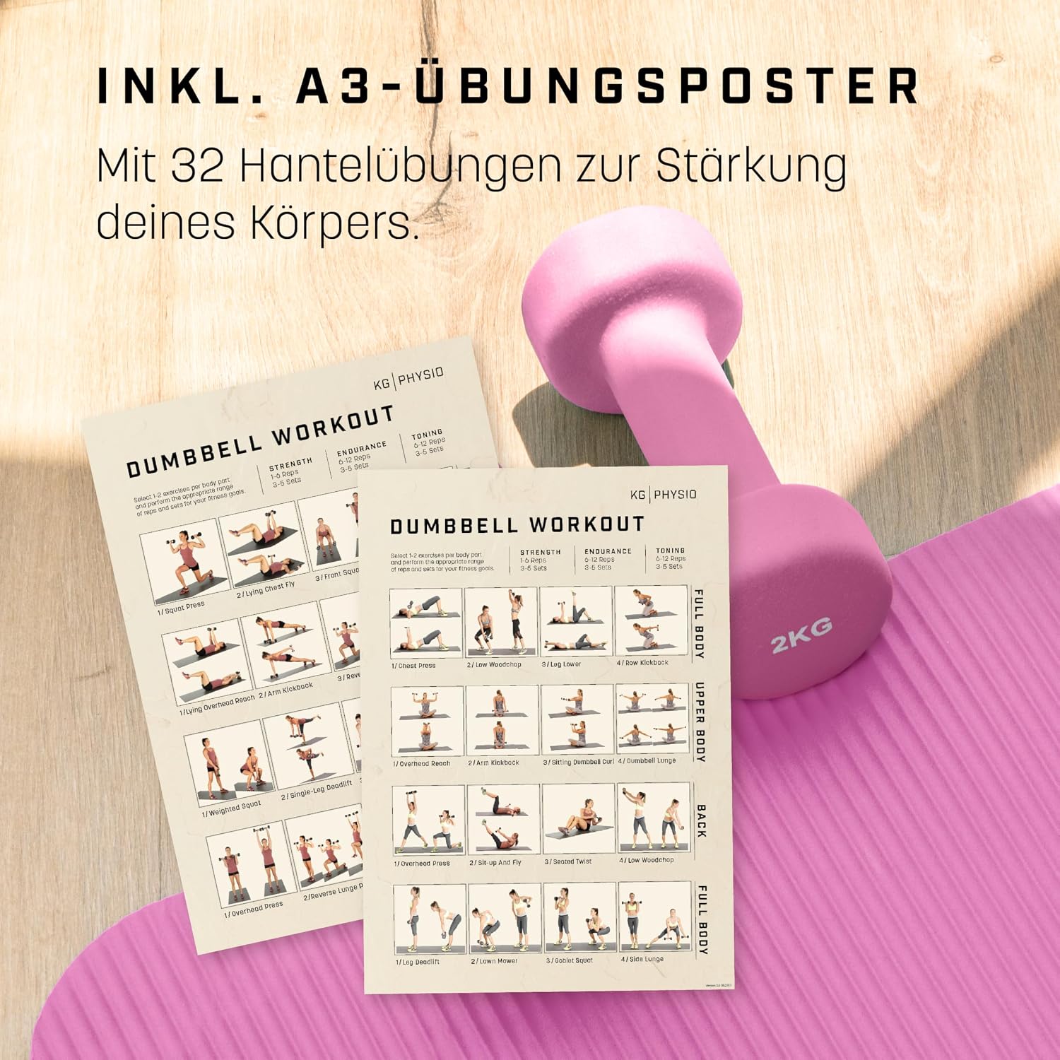 Thumbnail 4 de KG PHYSIO Neopren Hanteln-Set (2er Set) mit Fitnessposter und 32 Übungen – schweißabweisende, antiroll Hanteln aus Gusseisen