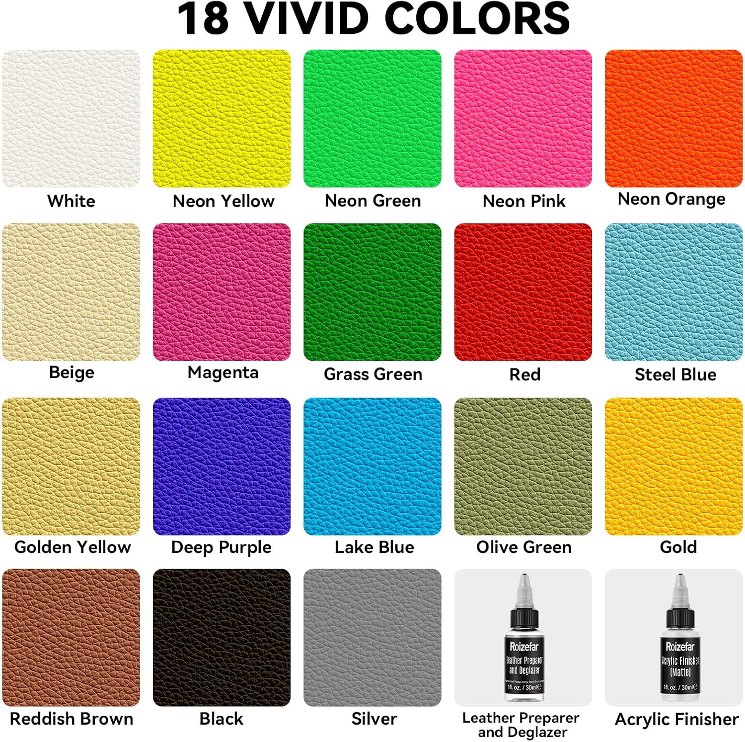 Detalle de Roizefar Kit Ultime – Peinture Acrylique pour Cuir, 18 Couleurs + Primaire et Vernis (20×30 ml) – Chaque Teinte Adhérente et Flexible