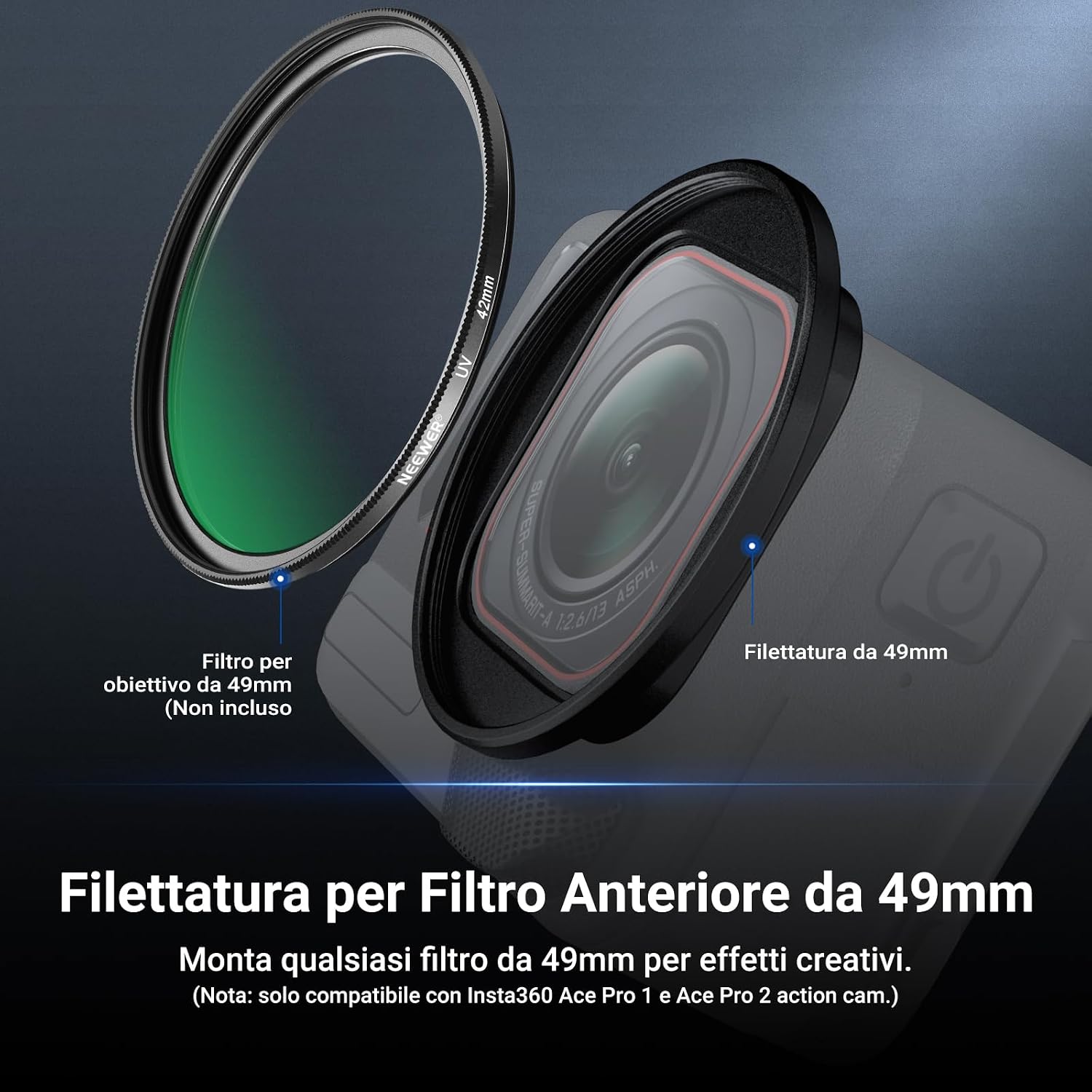 Detalle de NEEWER Anello adattatore filtro 49mm con copriobiettivo per Insta360 Ace Pro 1 / Ace Pro 2