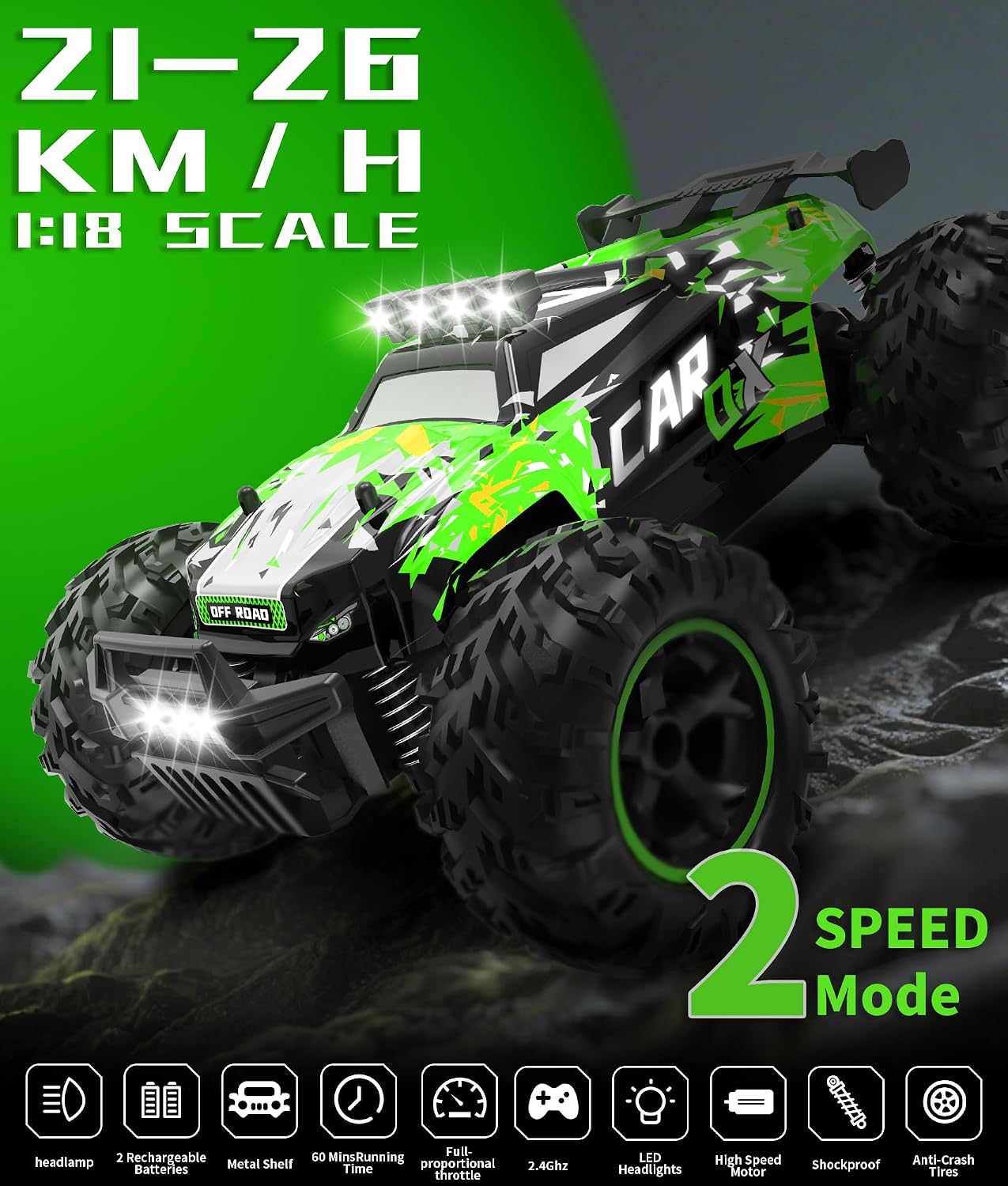 Detalle de Carox ferngesteuertes Auto (2,4 GHz, 26 km/h) 1:18 Offroad-Monstertruck mit LED-Beleuchtung