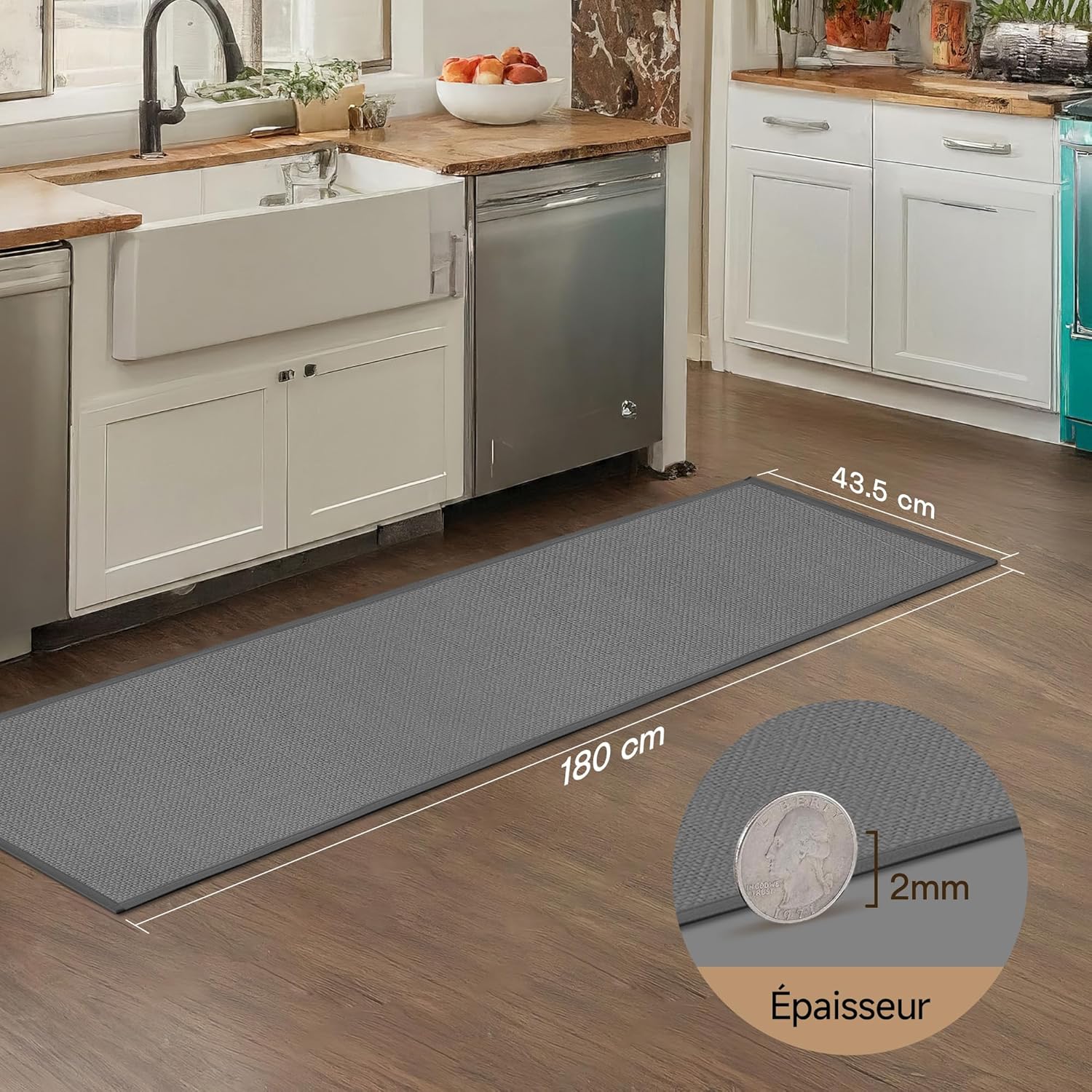 Thumbnail 1 de Tapis de cuisine Mizuosre devant évier long antidérapant et lavable, gris 43,5x180 cm
