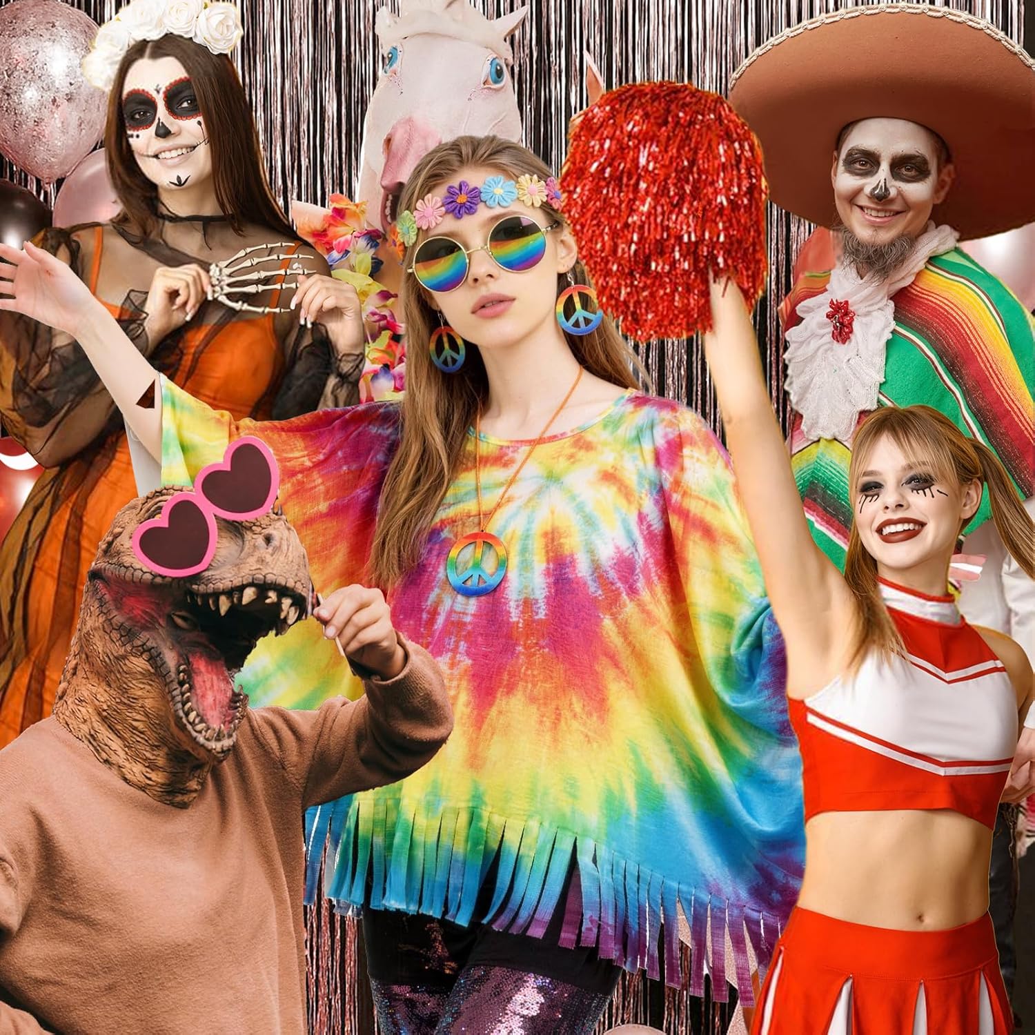 Detalle 2 de Hippie-Kultur Hippie-Umhang & Festival-Accessoires Set im Batik-Look für Karneval und Party