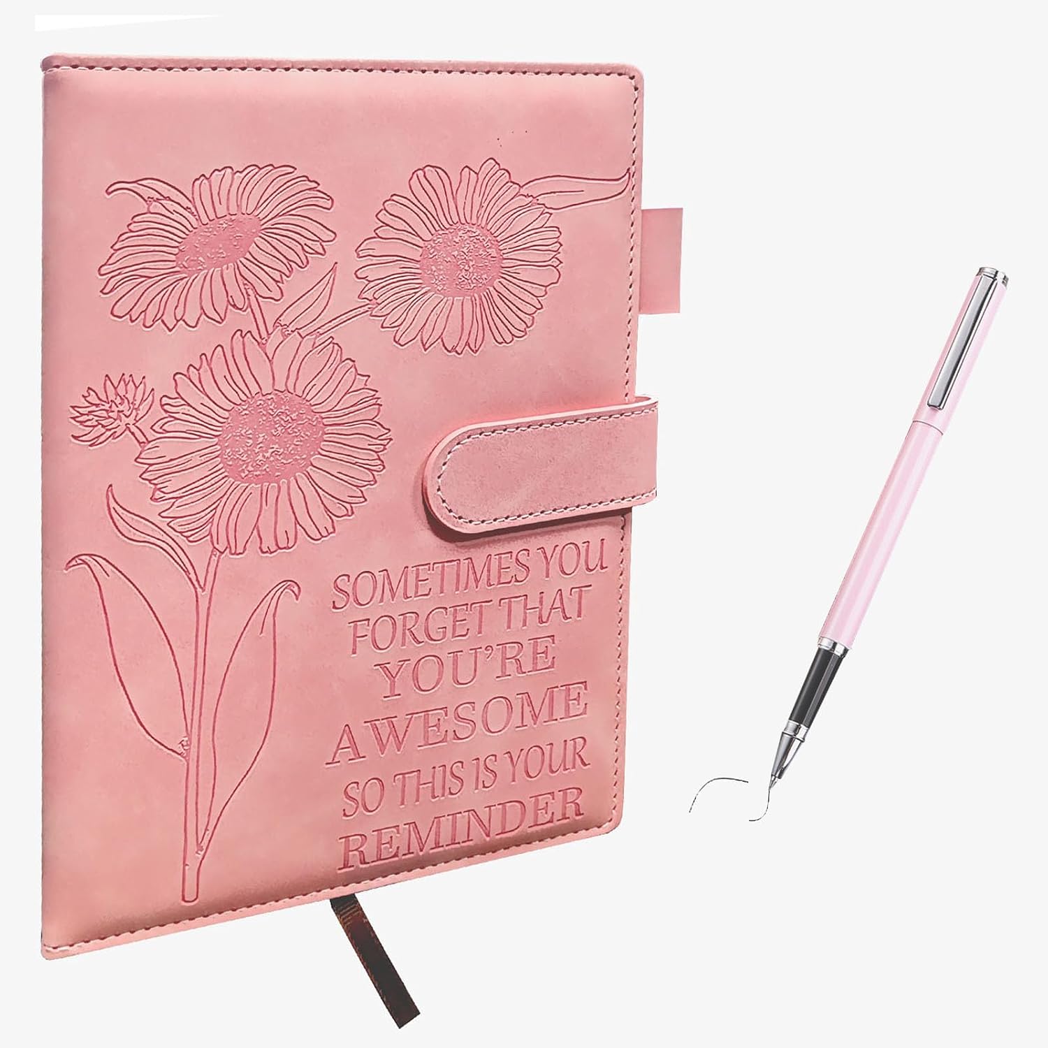 Detalle de QWFHOME Sunflower Pink PU Leather Journal, A5, 200 Pages with Closure and Pen Holder