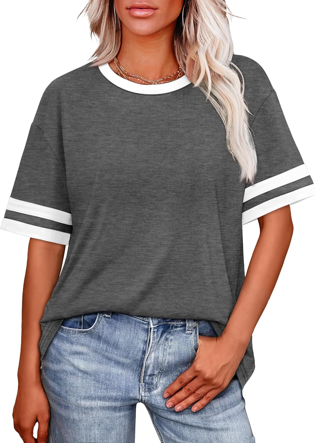 Thumbnail 1 de WIHOLL Women’s Loose Fit Color Block Crew Neck T-Shirts (Short Sleeve)