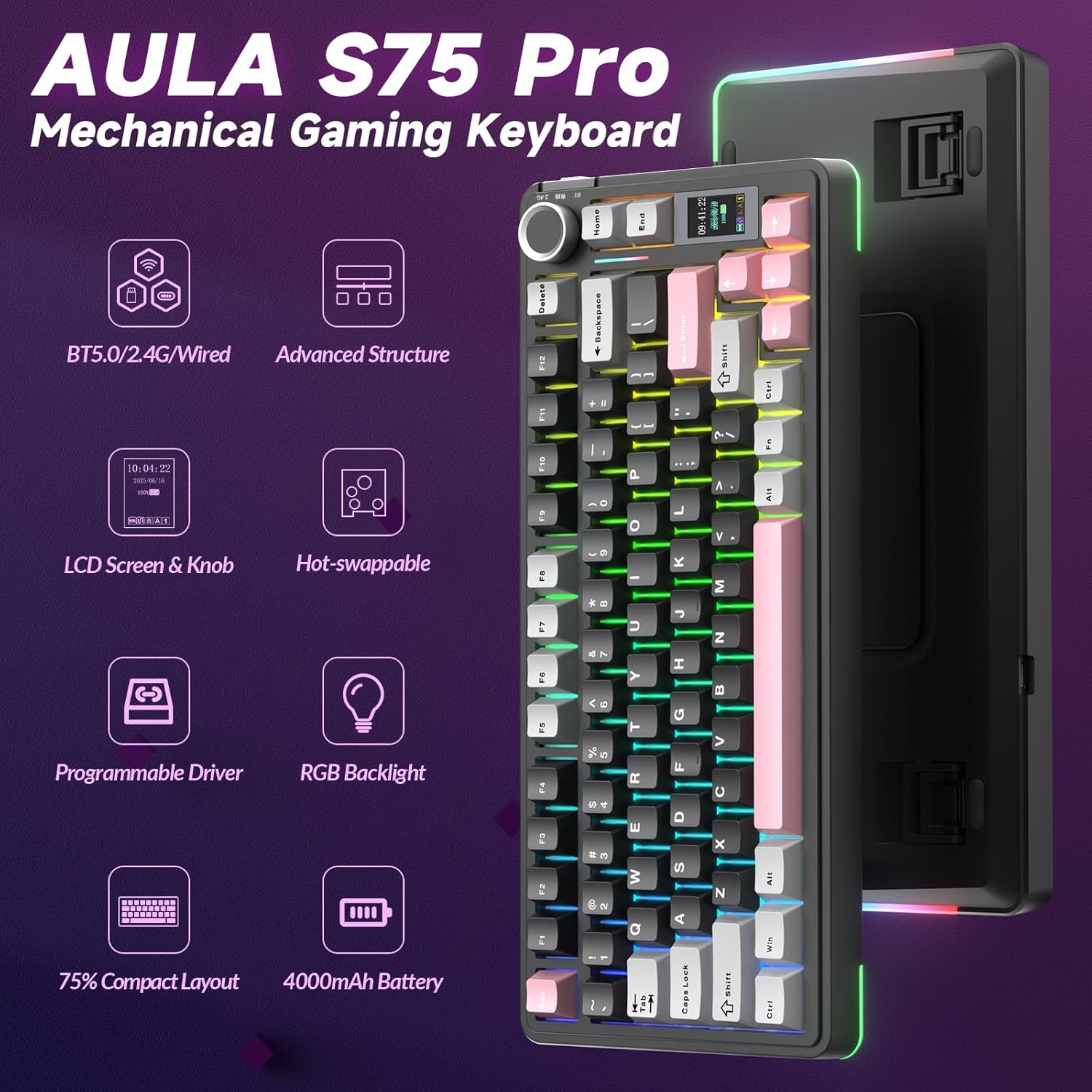 Thumbnail 1 de AULA S75 Pro Gaming Tastatur 75% – Vielseitige kabellose Mechanik mit Display, Hot-Swap und RGB