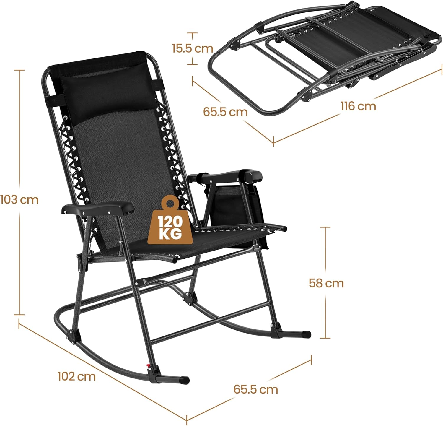 Thumbnail 2 de Yaheetech sedia a dondolo reclinabile pieghevole da esterno con portata 120 kg e braccioli (102 x 65,5 x 103 cm) – nero