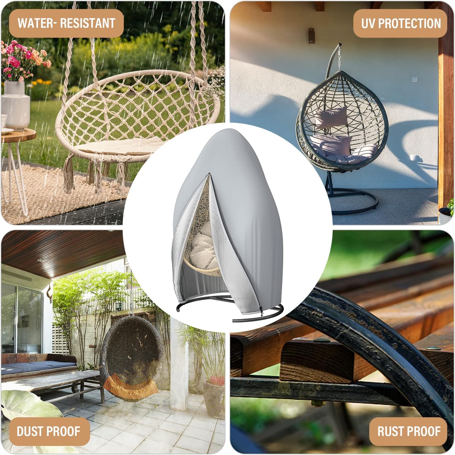 Detalle 2 de Patio waterproof hanging egg chair cover (115x190cm) in 210D Oxford fabric with zipper – Black