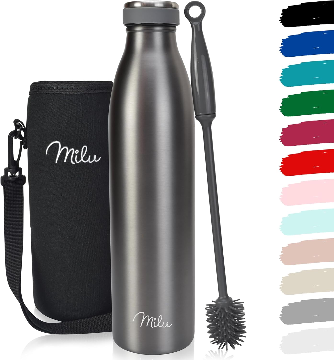 Detalle de Milu Edelstahl Trinkflasche 350 ml–1,5 l: Doppelwandige Isolierung, auslaufsicher, kohlensäuregeeignet
