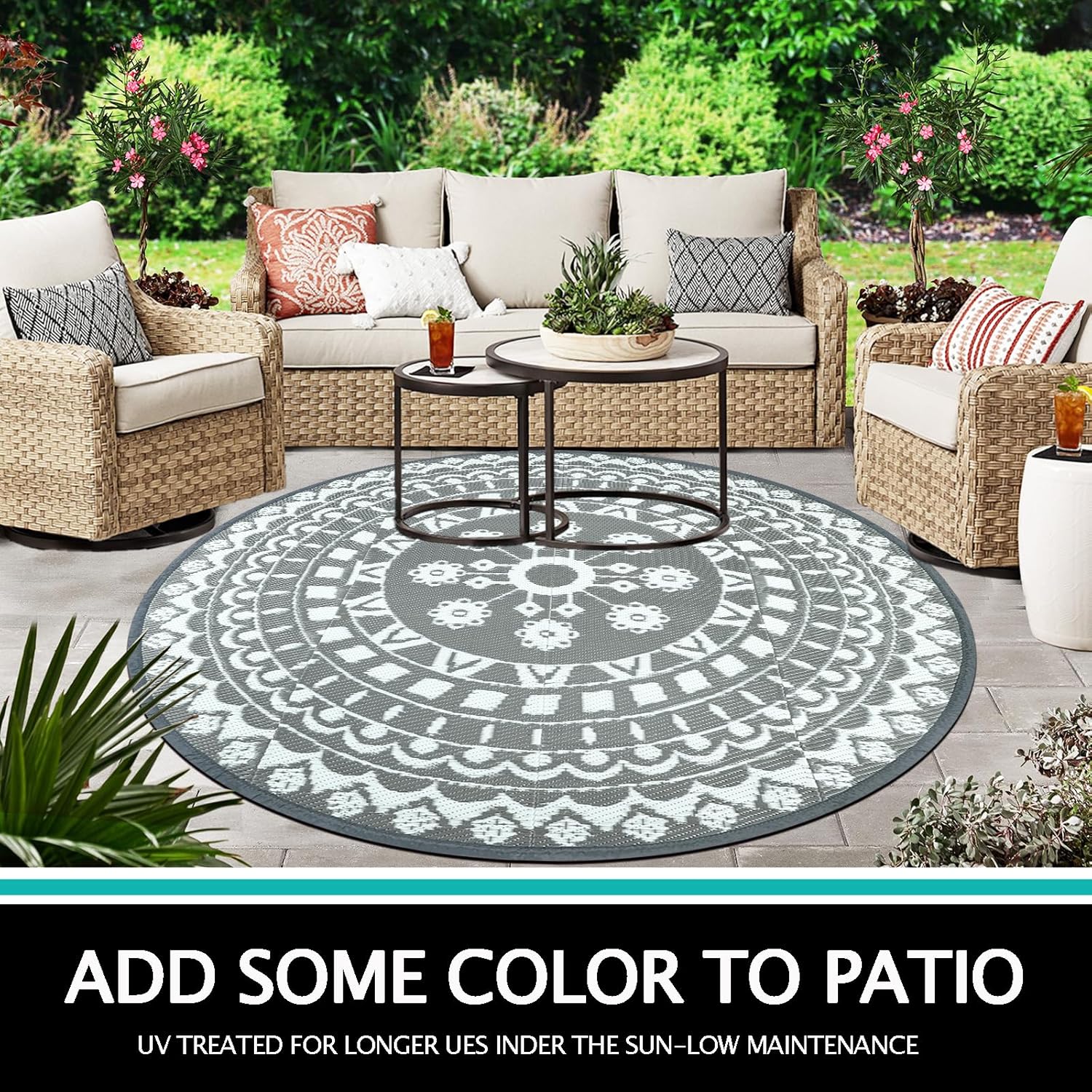 Thumbnail 2 de Capslpad 180cm Round Outdoor Patio Rug – Waterproof Reversible Plastic Straw Boho Mat
