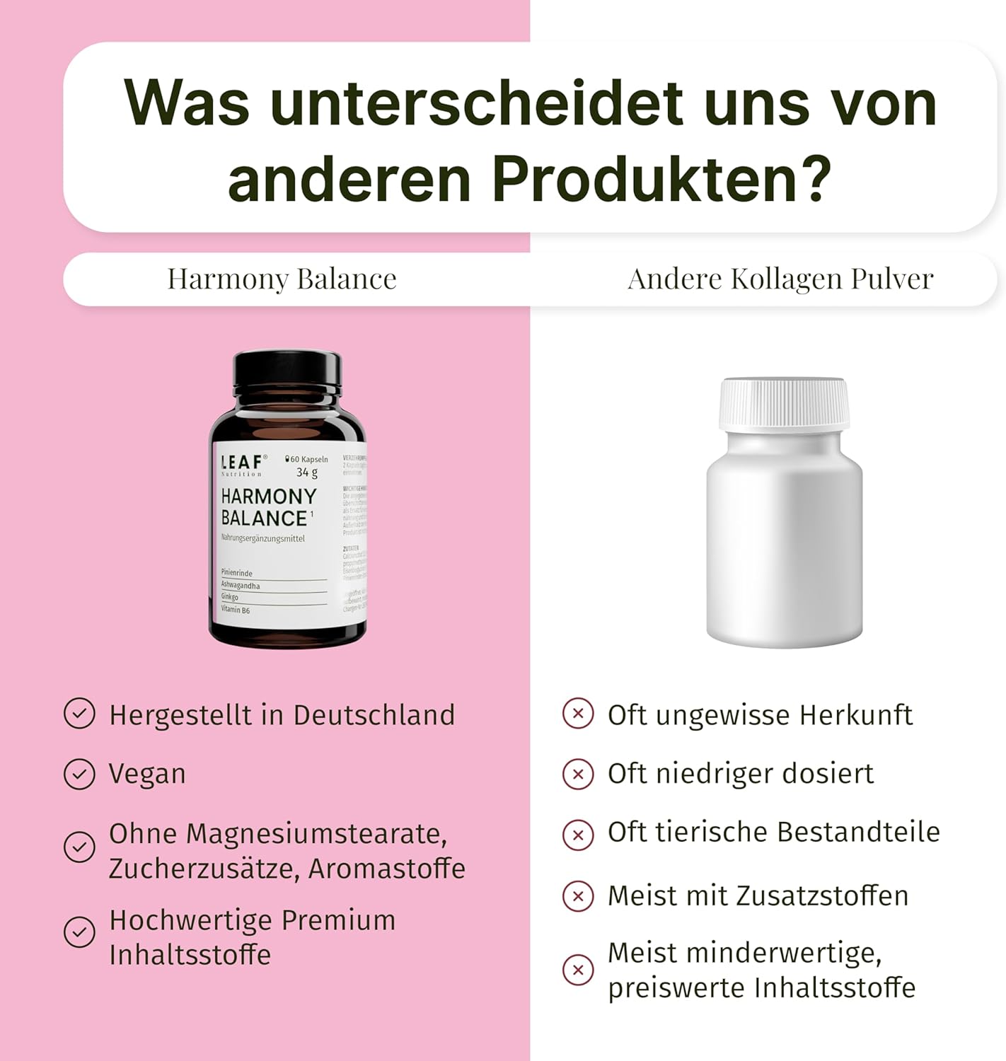 Detalle 2 de LEAF HARMONY BALANCE Balance-Kapseln für Frauen mit Vitamin B6, Ashwagandha, Pinienrinde & Ginkgo – 60 vegane Kapseln