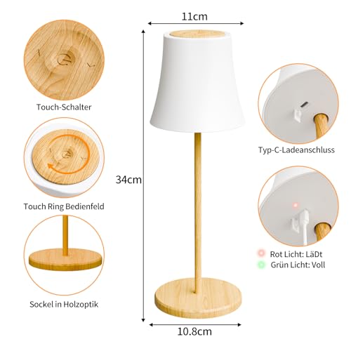 Detalle de Suright LED Tischlampe Kabellos – Akku Tischleuchte mit 3 Farbmodi & RGB