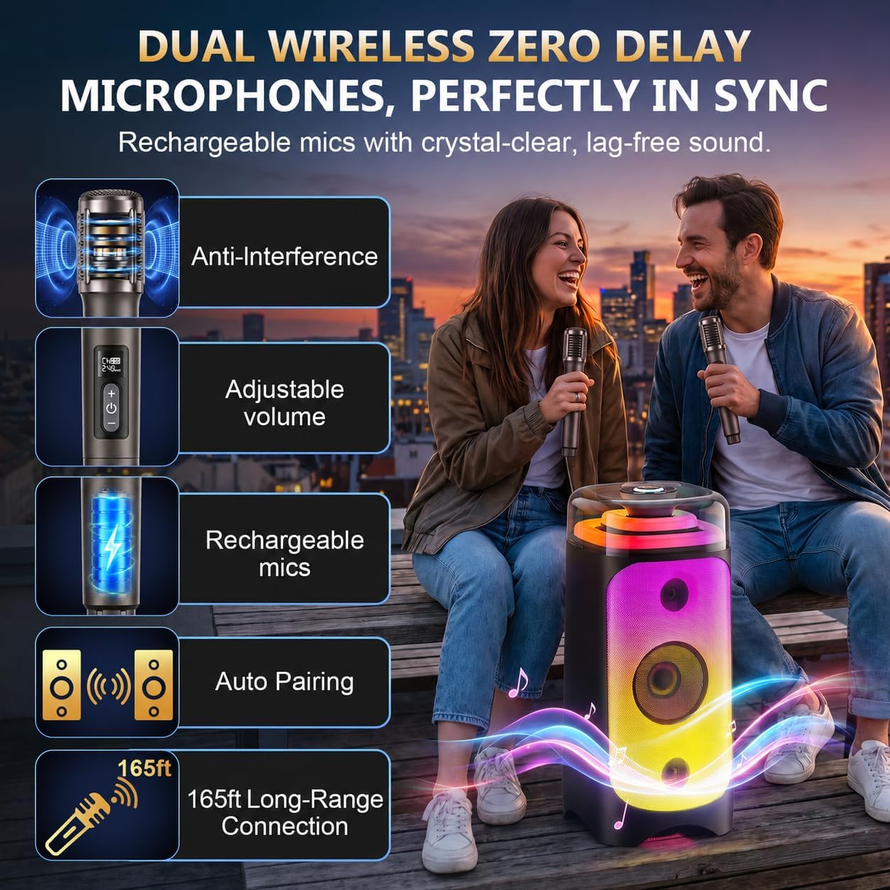 Detalle 2 de Jokmic T52-T 500W Karaoke Machine with 3 Drivers, 2 Wireless Mics and RGB Lights