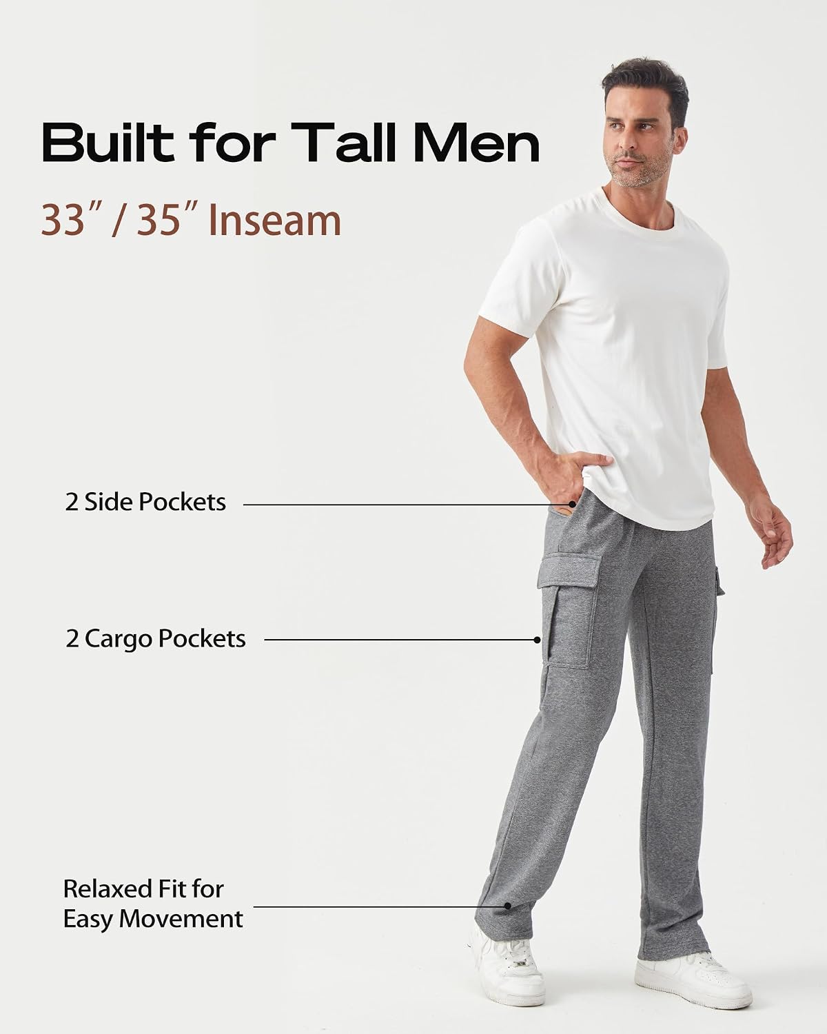 Detalle de Zylioo extra long inseam men’s sweatpants with pockets (open bottom)