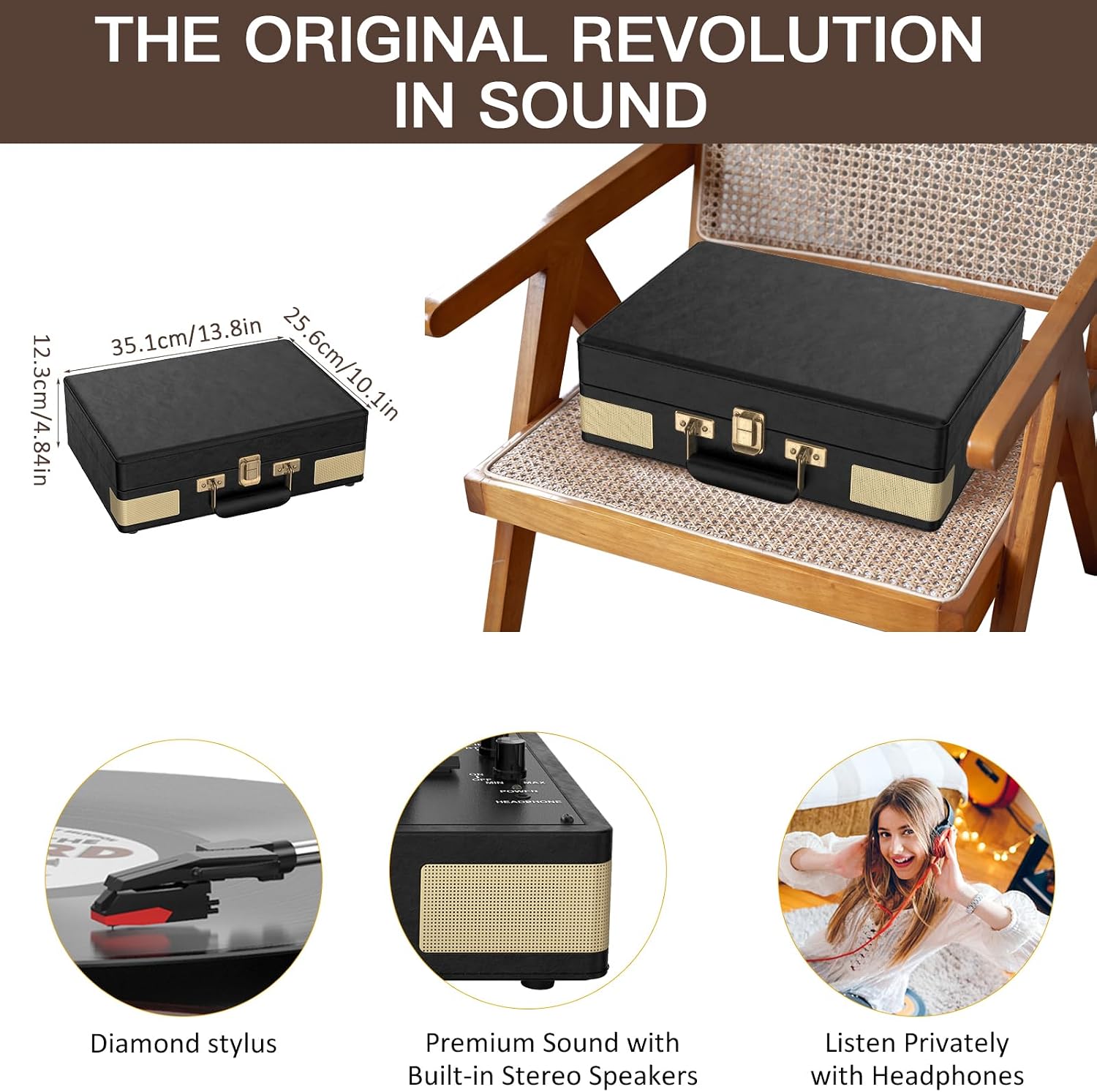 Detalle de Trynnay Record Player 3 Speed Bluetooth Portable Suitcase Vinyl Player with Built-in Speakers – Vintage Black