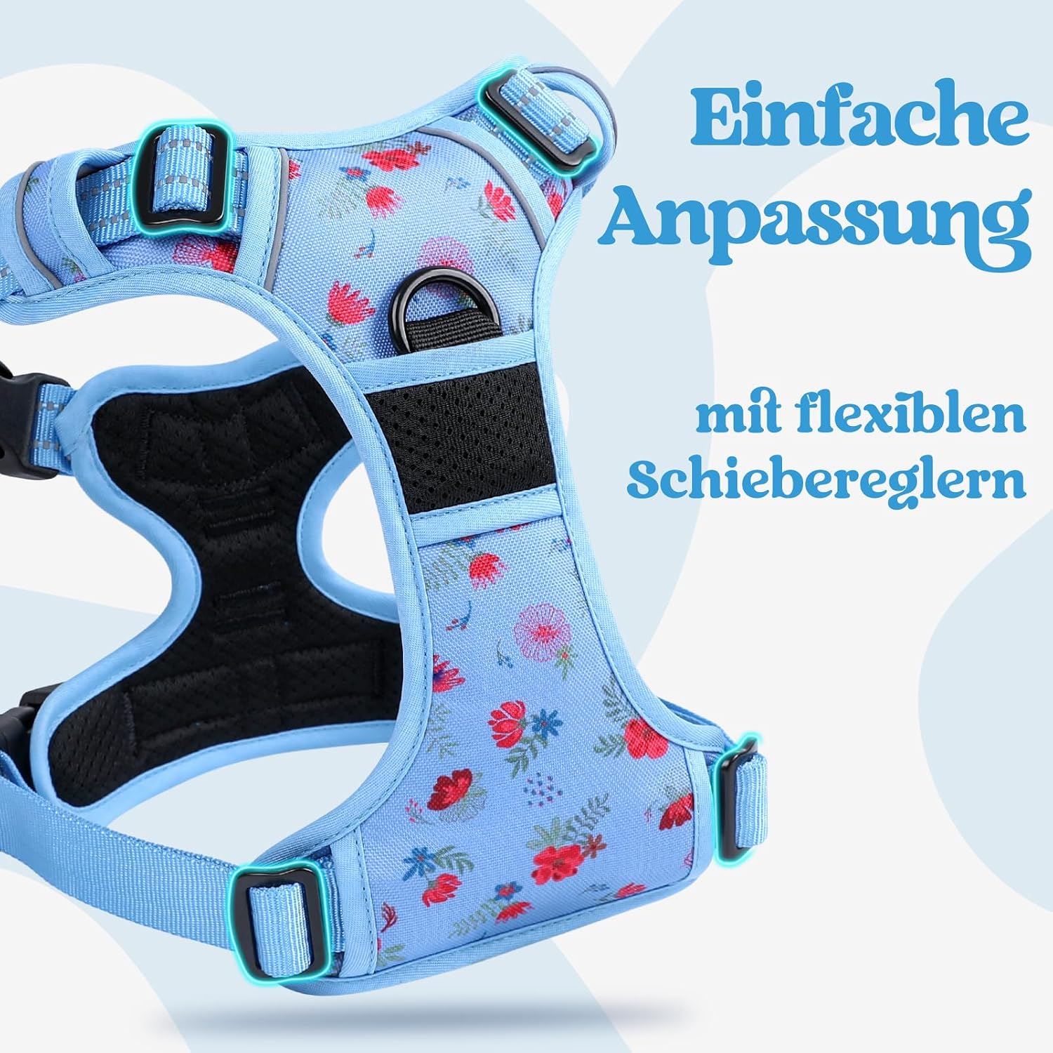 Detalle 2 de rabbitgoo Hundegeschirr für große Hunde (verstellbar, Anti-Zug) – mit Griff, reflektierend, weich gepolstert – Blumen Blau L