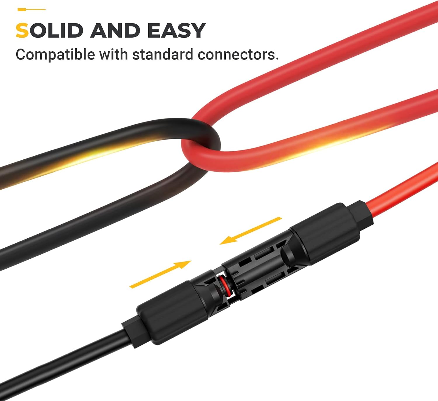 Detalle de BougeRV 6 Feet 8AWG Solar Extension Cable with Dual Connectors (Red + Black) — 6FT Pair Kit for Efficient Solar Wiring
