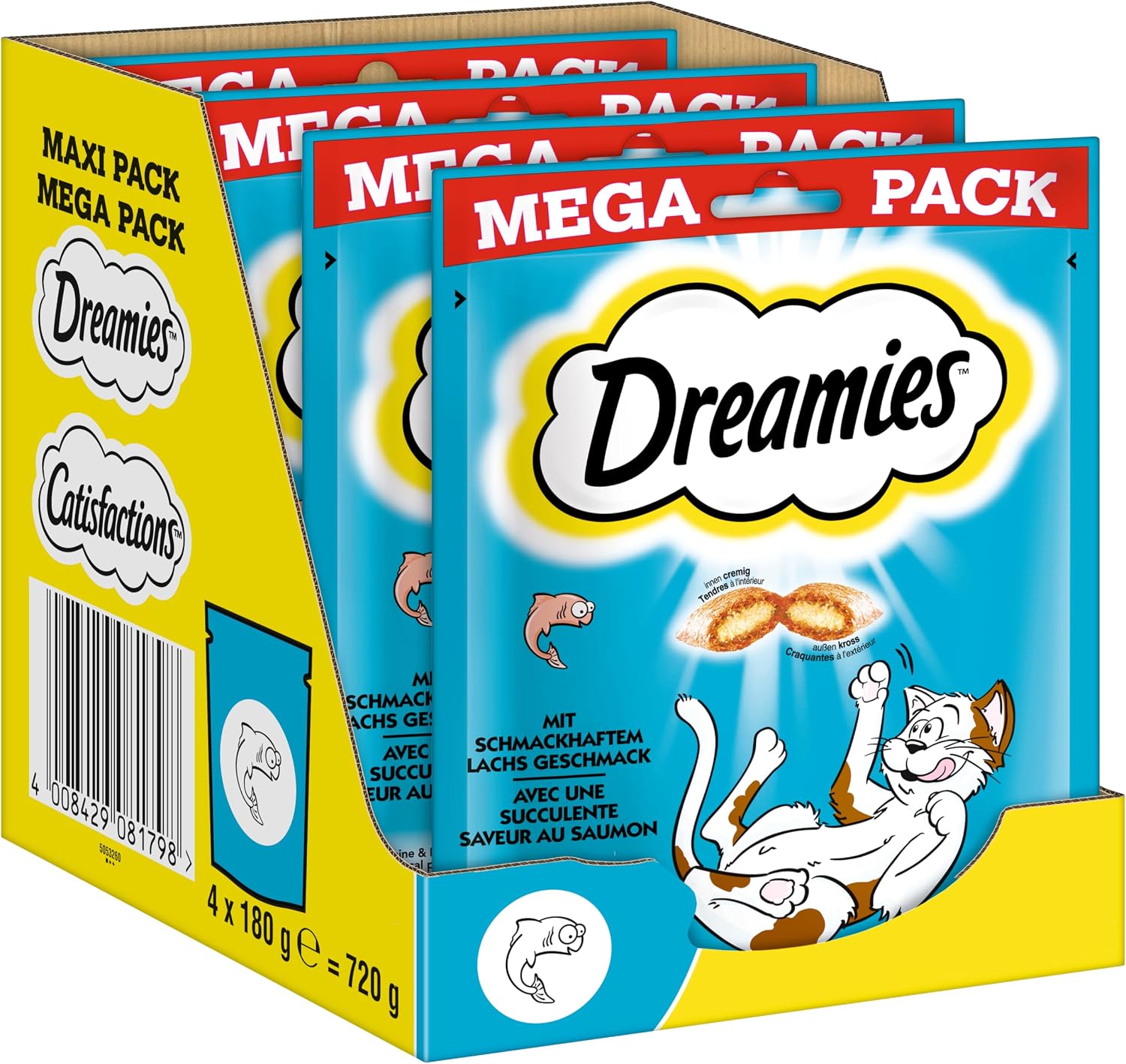 Detalle de DREAMIES Katzensnacks Käse – 2x350 g Mega Box, knusprig außen, cremige Füllung