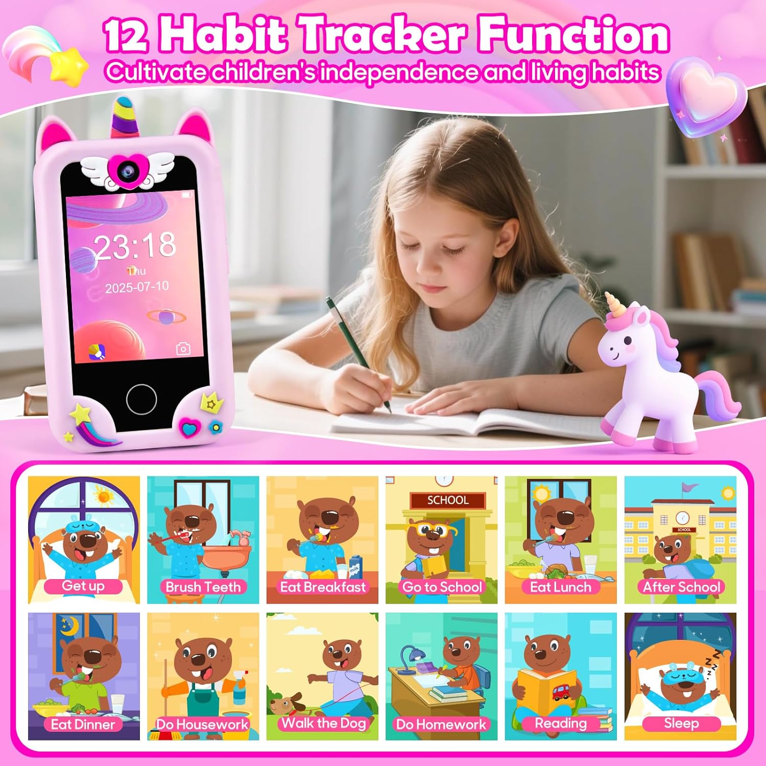 Detalle 2 de Elecoutek Kids Smart Phone for Girls: Unicorn toy phone for 3–10 year olds (Pink)