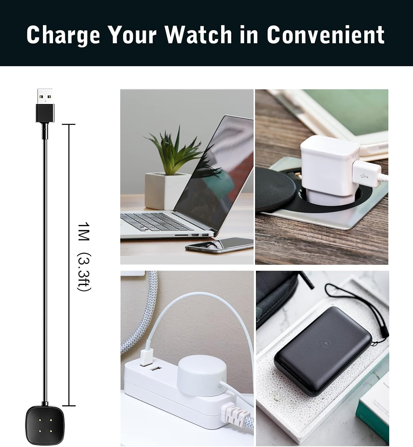 Detalle de MoKo Magnetic Replacement Charger for Fitbit Versa 4/Versa 3/Sense 2/Sense — USB Cable 1m, Black