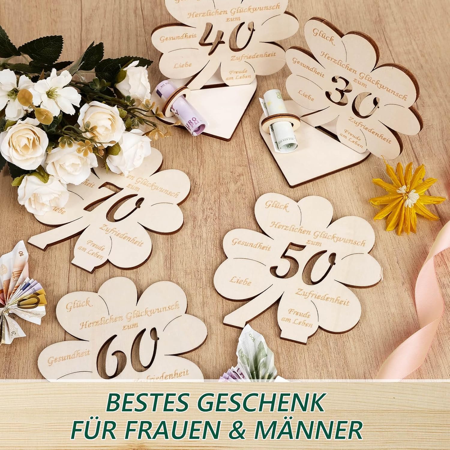 Thumbnail 2 de Geldgeschenke zum Geburtstag auf Holzplatte mit Kleeblatt „Glück“ – personalisierbar als Geldgeschenk & Gästebuch