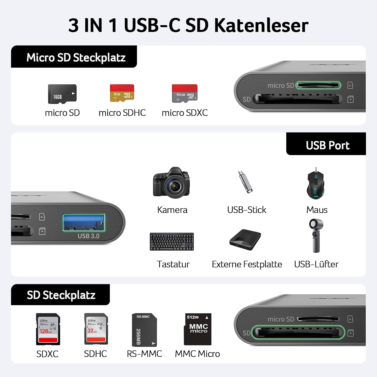 Thumbnail 6 de acer USB-C SD Kartenleser mit Typ-A 3.0 – Aluminium, Zwei Karten, USB-C OTG