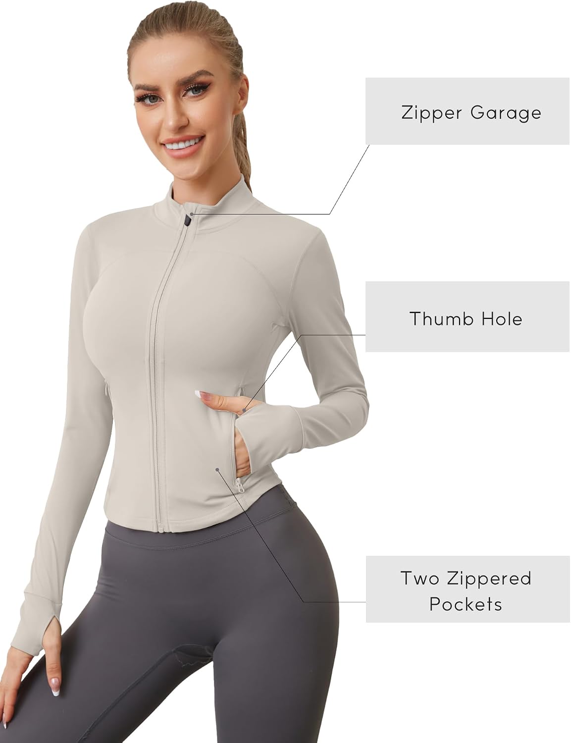 Detalle de IECCP Damen Langarm Sportjacke mit Daumenloch – leichte, atmungsaktive Trainingsjacke mit zwei Reißverschlussfächern