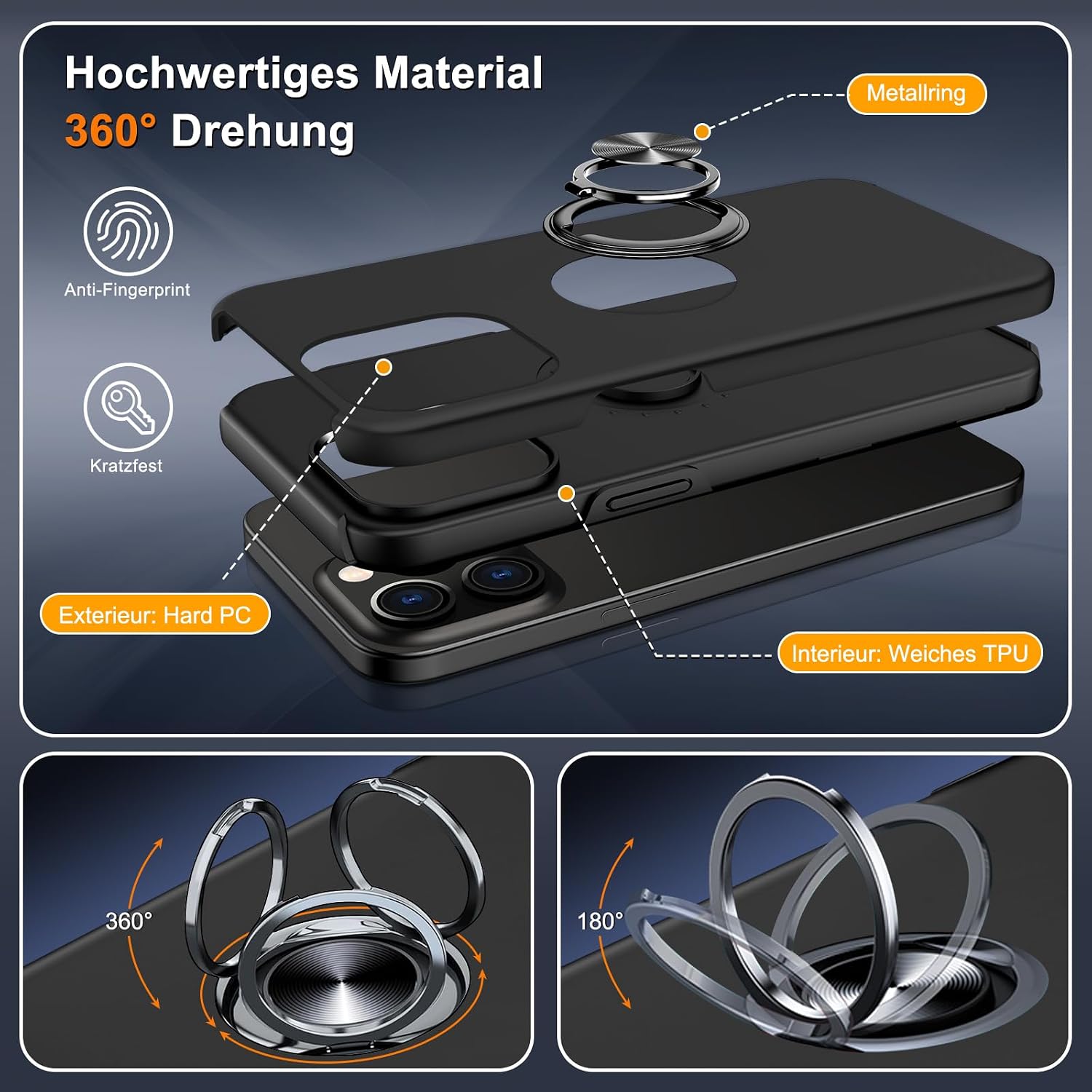Detalle 2 de Vaki Handyhülle für iPhone 13 Pro mit 360° Magnet-Ringständer und Schutzfolie (Schwarz)