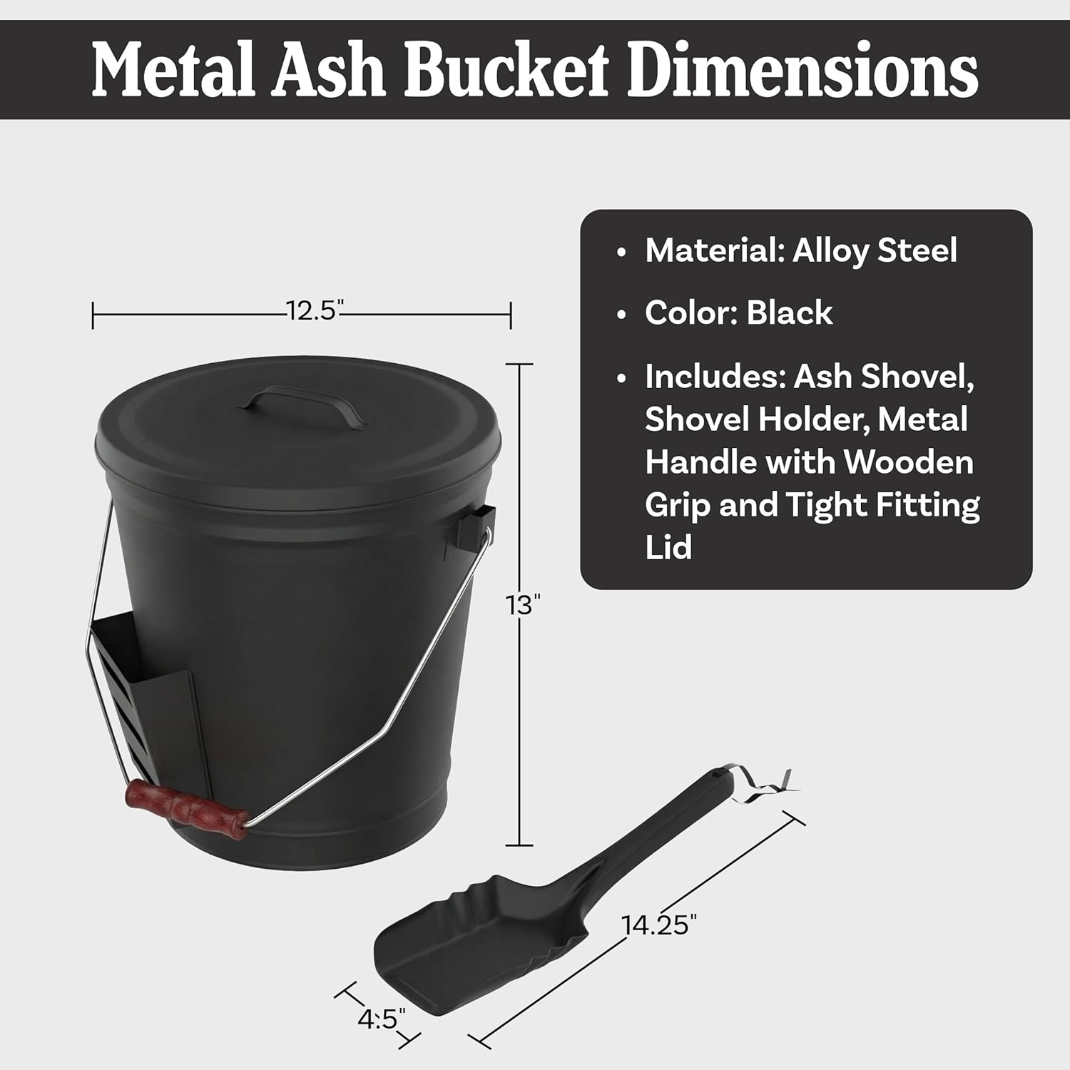 Thumbnail 1 de Ash Bucket - 4.75-Gallon Metal Bucket with Lid and Shovel for Fireplace or Firepit Ashes by Pure Garden (Black)