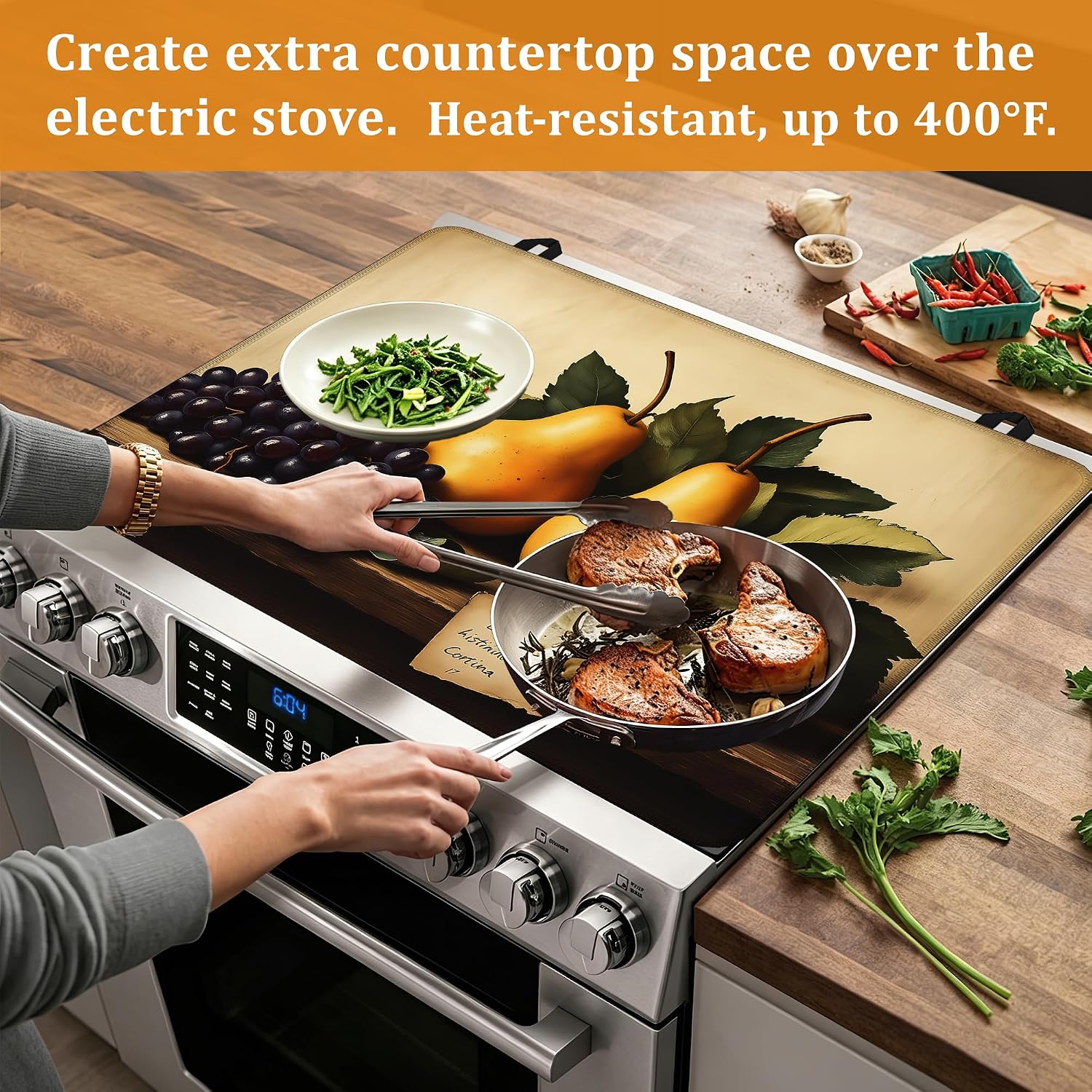 Detalle 2 de YIKTI Rustic Fruits Stove Top Cover, 28 x 20-Inch Washable Rubber Mat