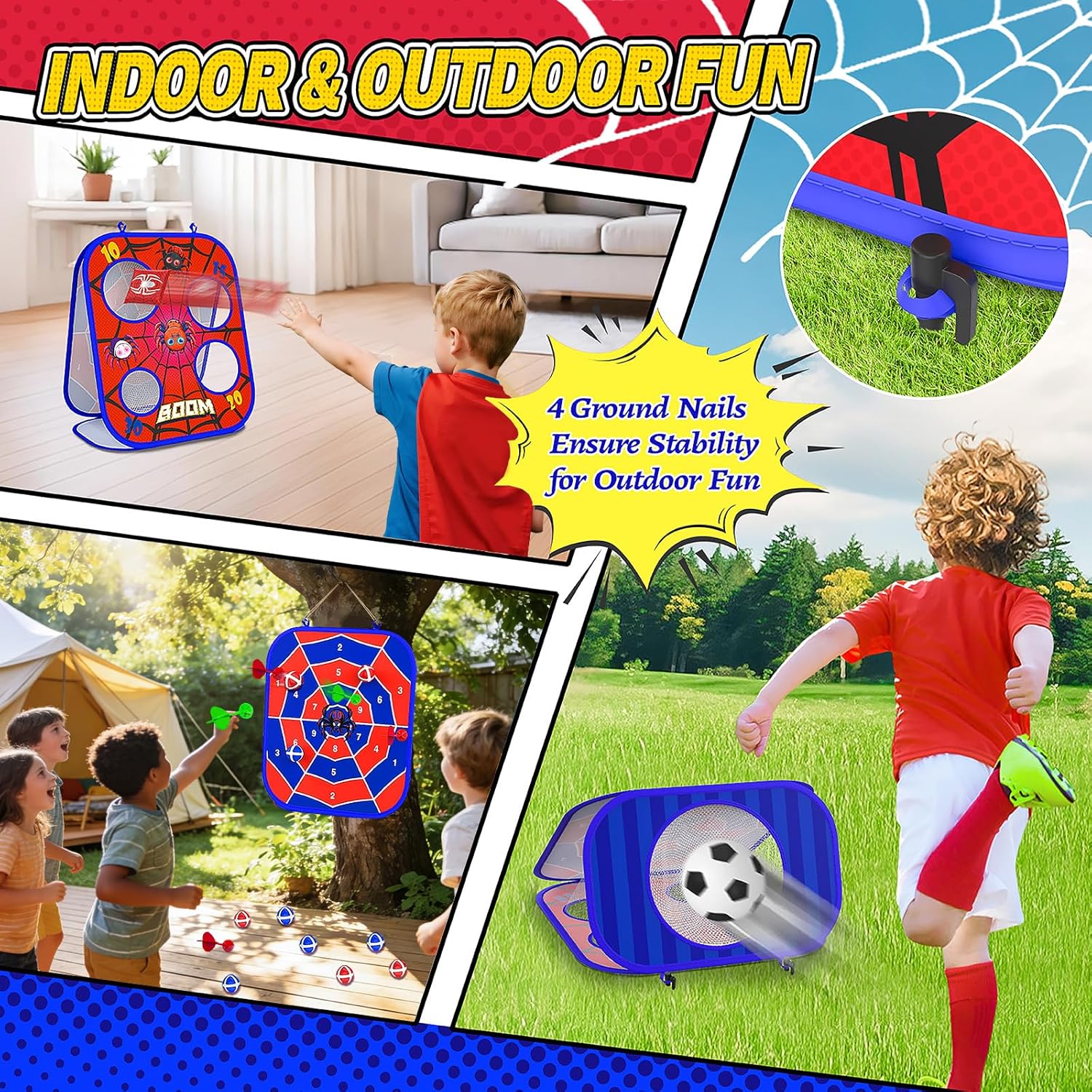 Detalle 2 de Spider Bean Bag Toss Game: 3-in-1 Outdoor Cornhole, Dart & Toddler Football Set