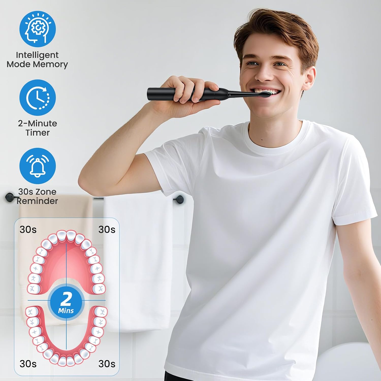 Detalle de YUNCHI C2 Electric Toothbrush (USB-C rechargeable) for adults and kids, 5 modes, 2-minute timer, 8 brush heads, travel case