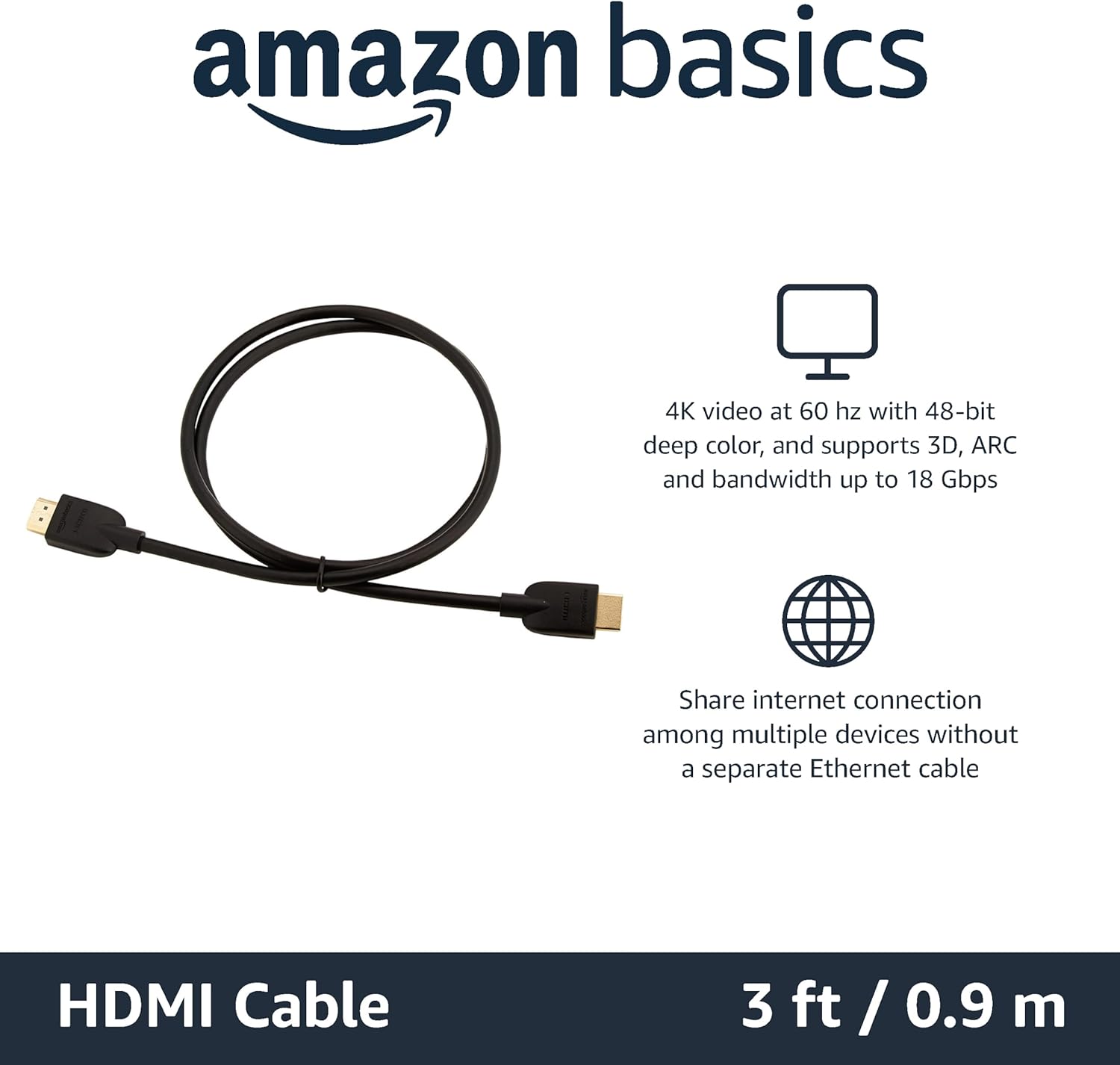 Thumbnail 2 de Amazon Basics 4K HDMI Cable 0.9m (3 pack) – 18Gbps High Speed with Ethernet, 4K@60Hz, ARC Support