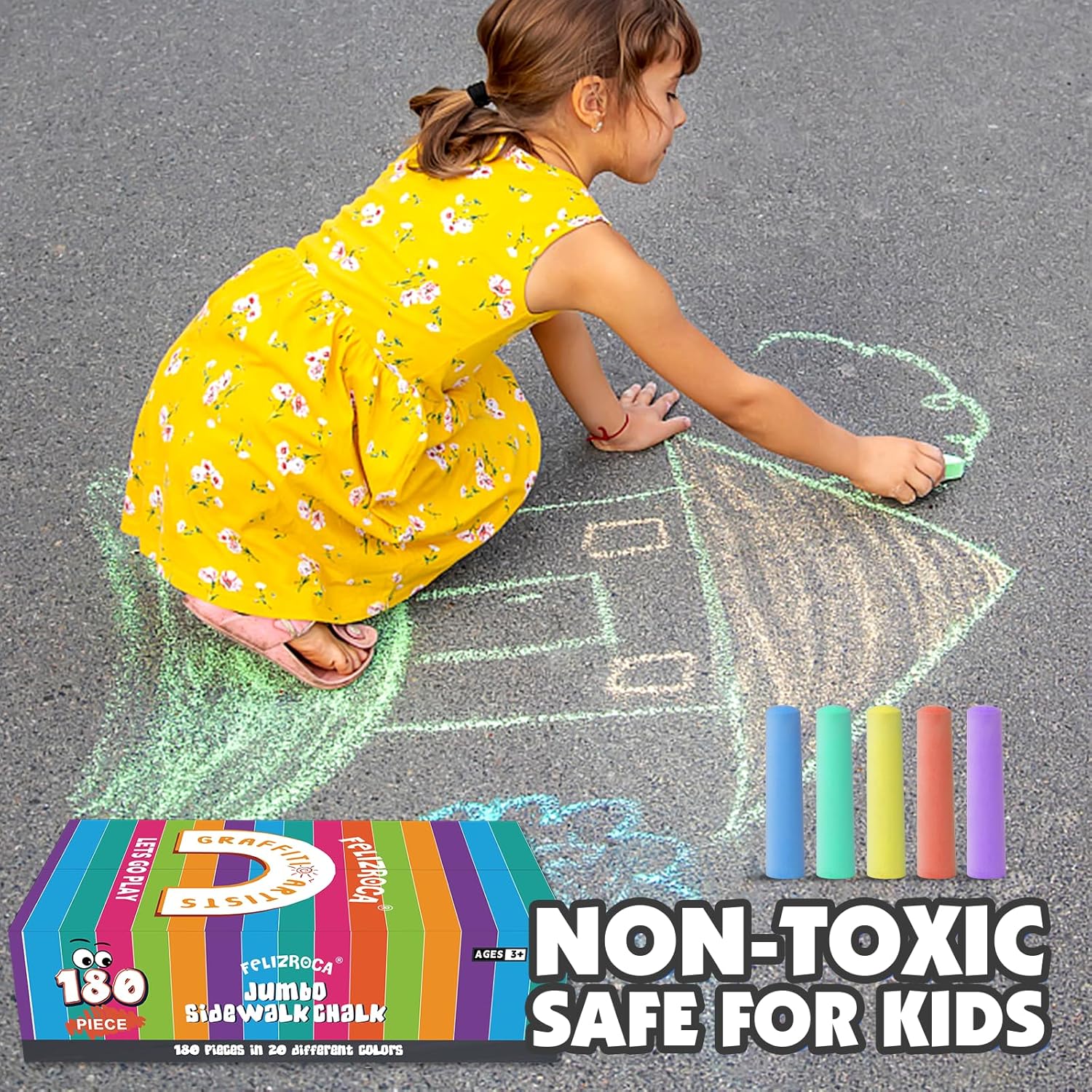 Thumbnail 6 de FELIZROCA 180PCS Sidewalk Chalk Set in 20 Colors — Non-Toxic, Washable Outdoor Chalk for Kids