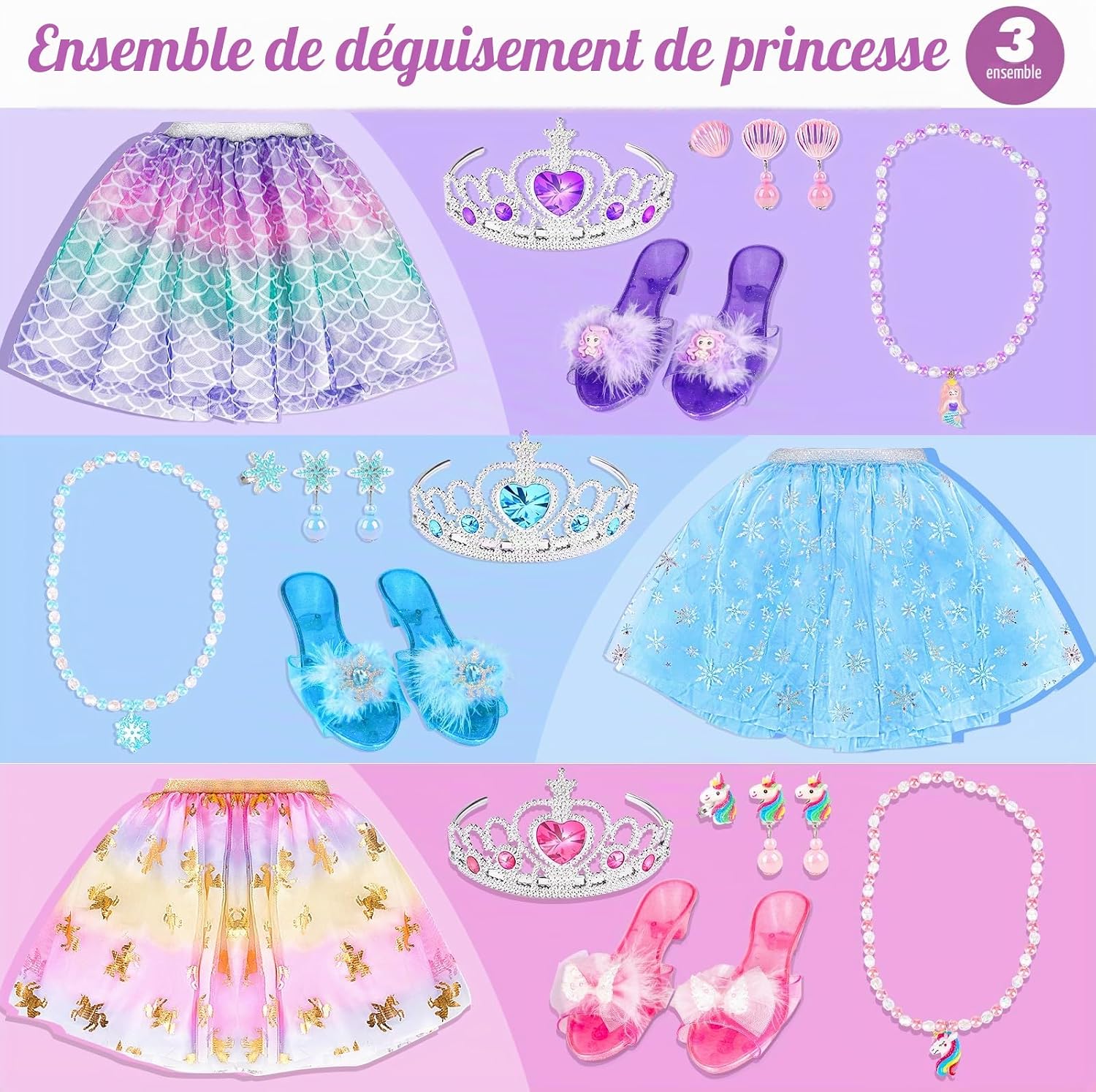 Detalle de Dreamon MX117 prinsessenkostuumset met drie thema’s en accessoires