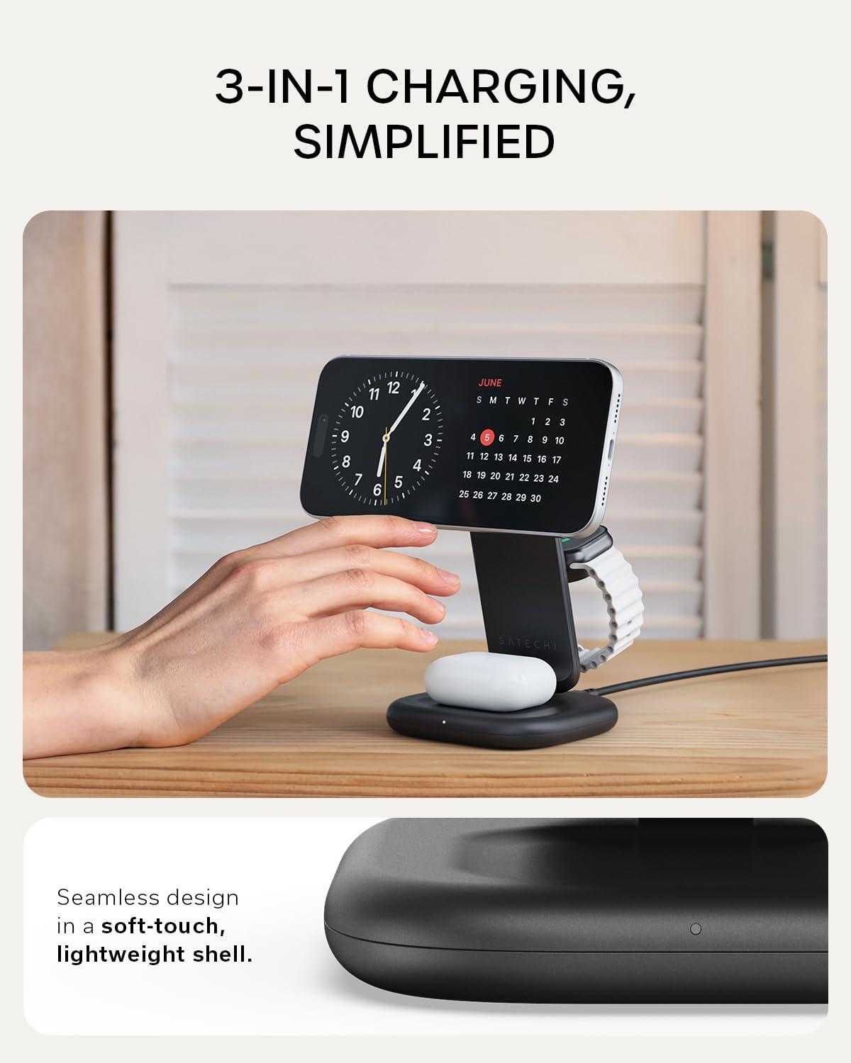 Detalle 2 de SATECHI 3-in-1 Qi2 Wireless Charging Station review: a compact, three-device charger with 25W fast charging