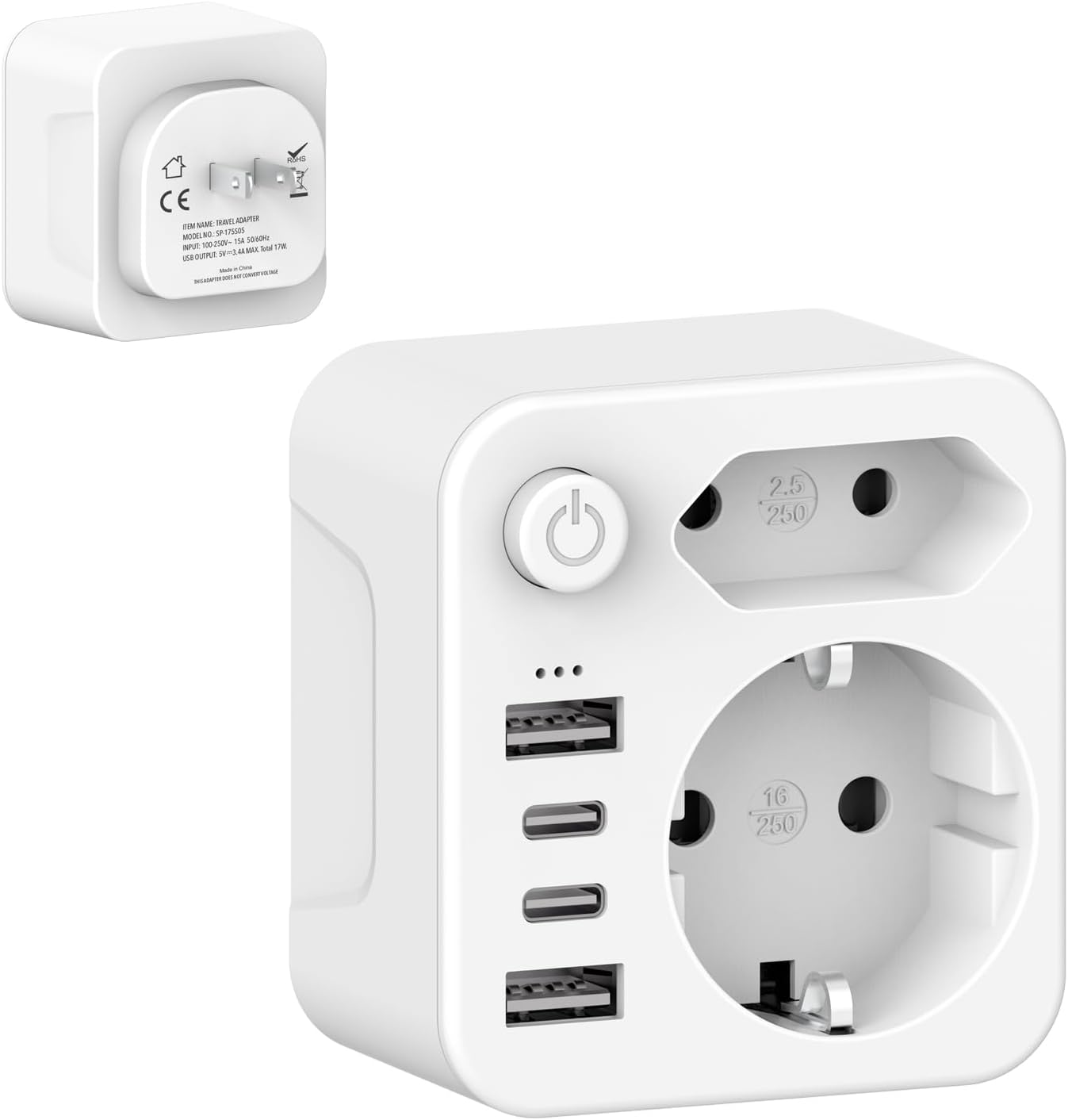 Adapter Japan Reiseadapter: 6-in-1 Typ-A EU zu USA/Japan – 2-poliger Schuko, Typ-C und 3 USB