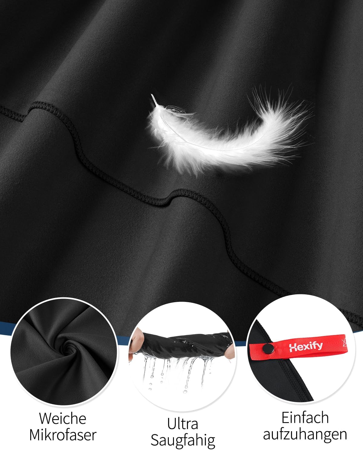 Detalle de Hexify 01 – ręcznik z mikrofibry 120 × 50 cm, czarny, z zamkiem błyskawicznym